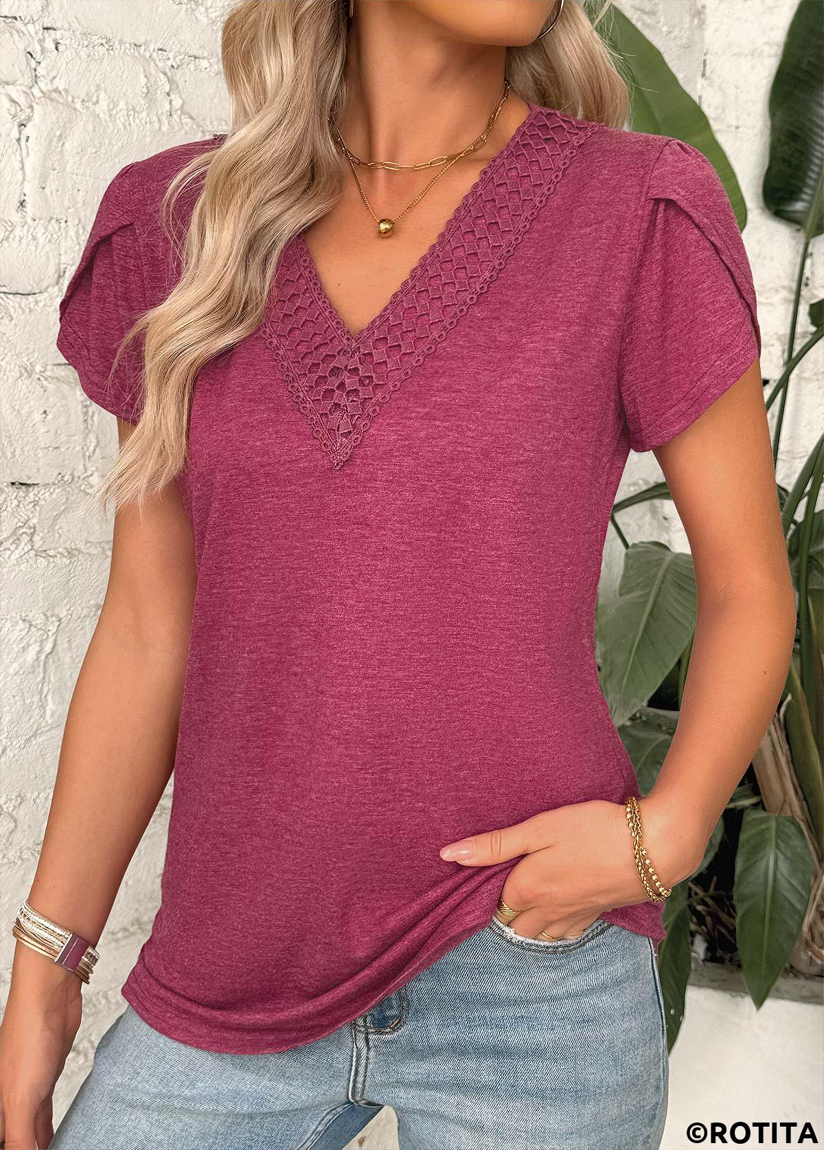 Dark Reddish Purple tops,Plain Color tops,ROTITA Dark Reddish Purple V Neck Short Sleeve T Shirt