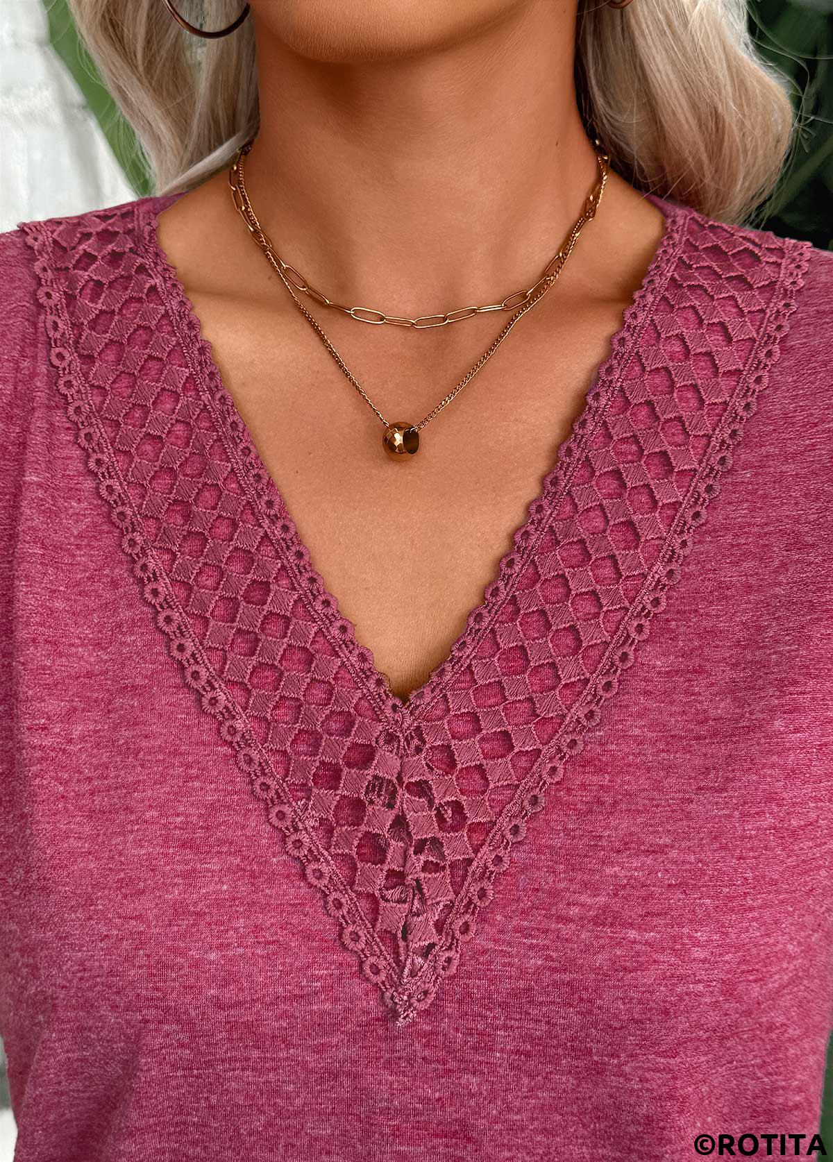 Dark Reddish Purple tops,Plain Color tops,ROTITA Dark Reddish Purple V Neck Short Sleeve T Shirt