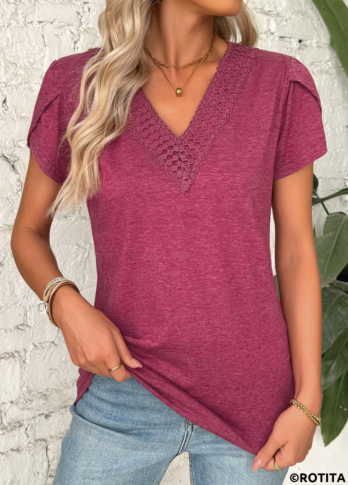Dark Reddish Purple tops,Plain Color tops,ROTITA Dark Reddish Purple V Neck Short Sleeve T Shirt