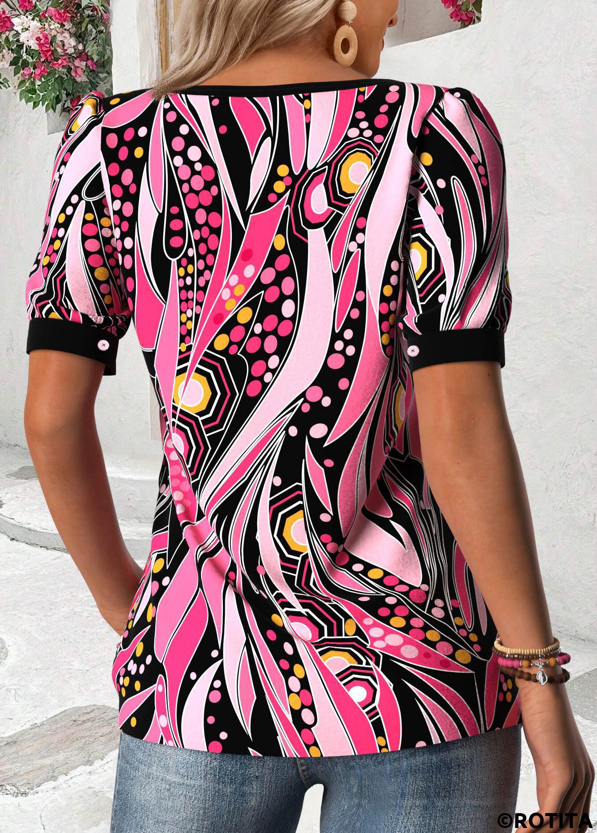 Pink tops,Geometric tops,ROTITA Geometric Print Pink Asymmetrical Neck Short Sleeve T Shirt