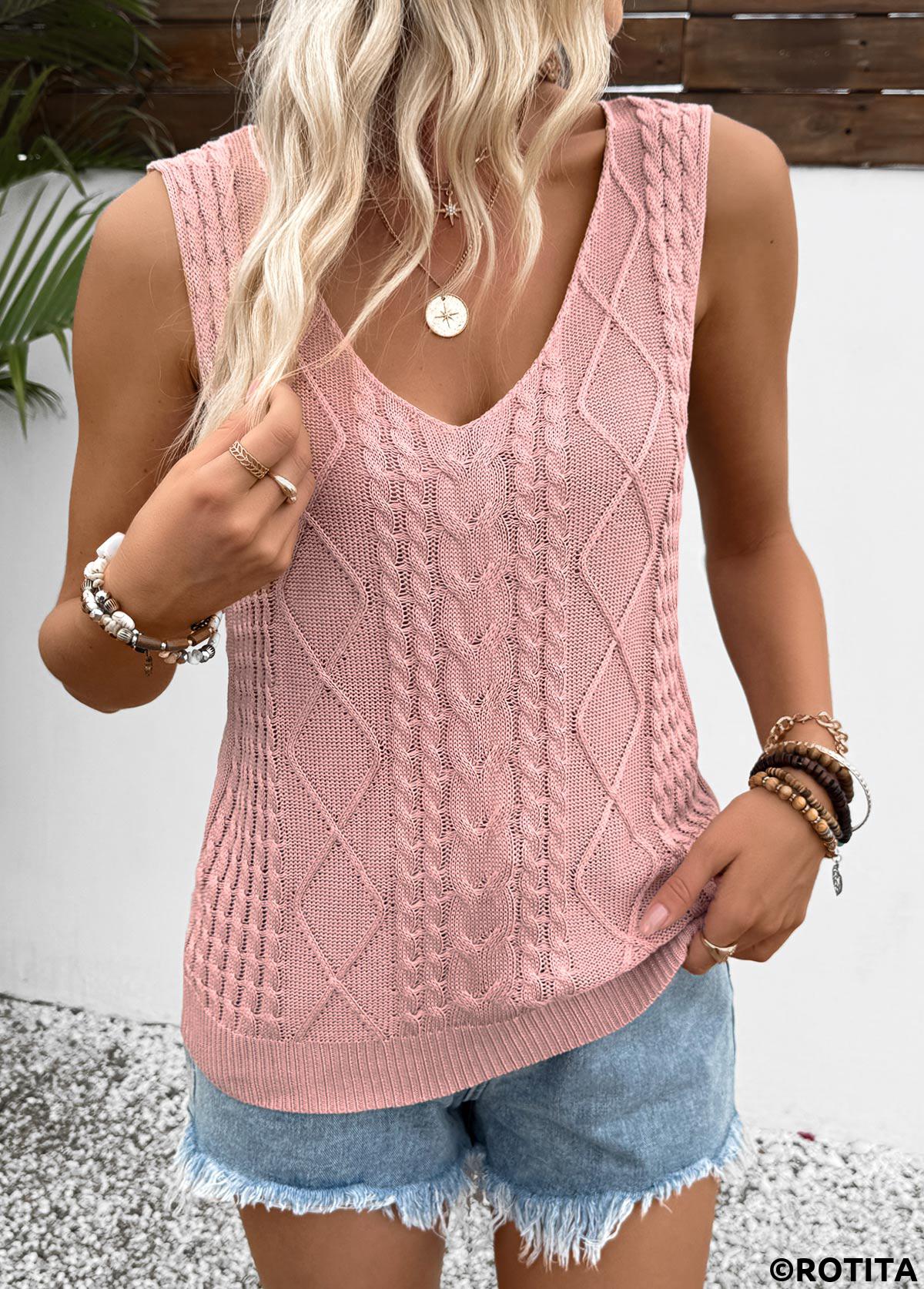 Pink tops,Plain Color tops,Pink V Neck Sleeveless Tank Top