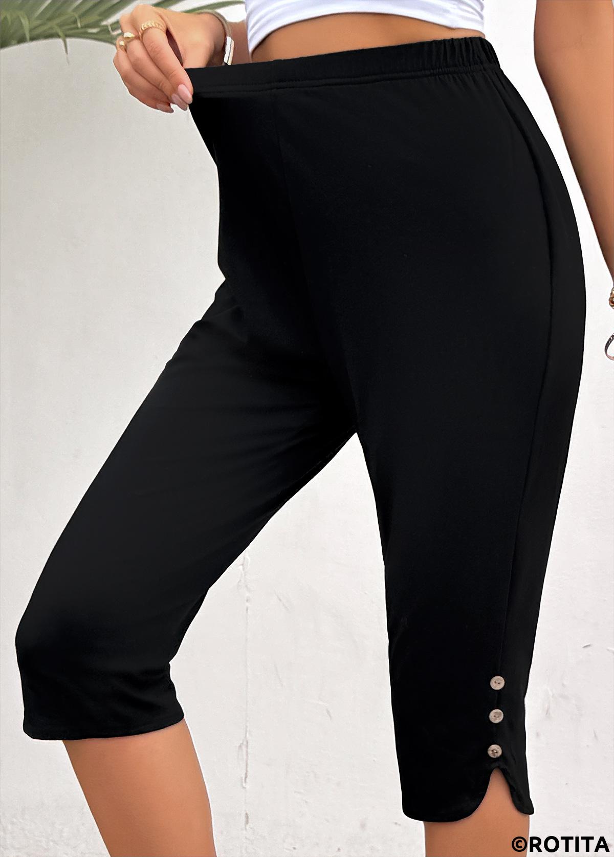 Black bottoms,Plain Color bottoms,Black High Waisted Elastic Waist Capri Leggings