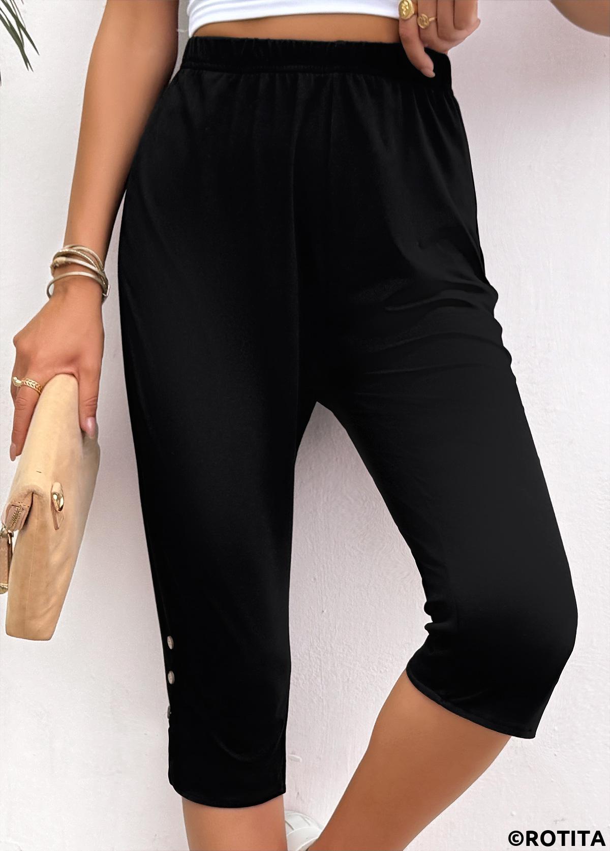 Black bottoms,Plain Color bottoms,Black High Waisted Elastic Waist Capri Leggings