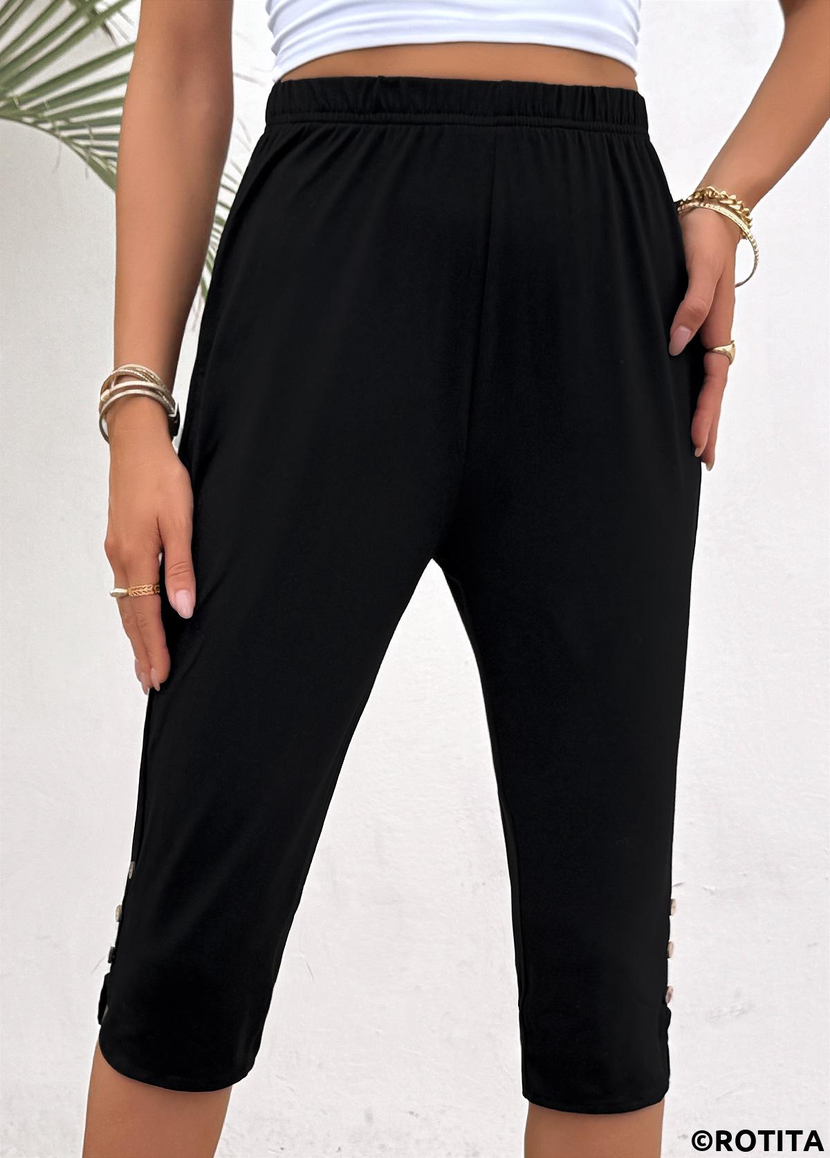 Black bottoms,Plain Color bottoms,Black High Waisted Elastic Waist Capri Leggings