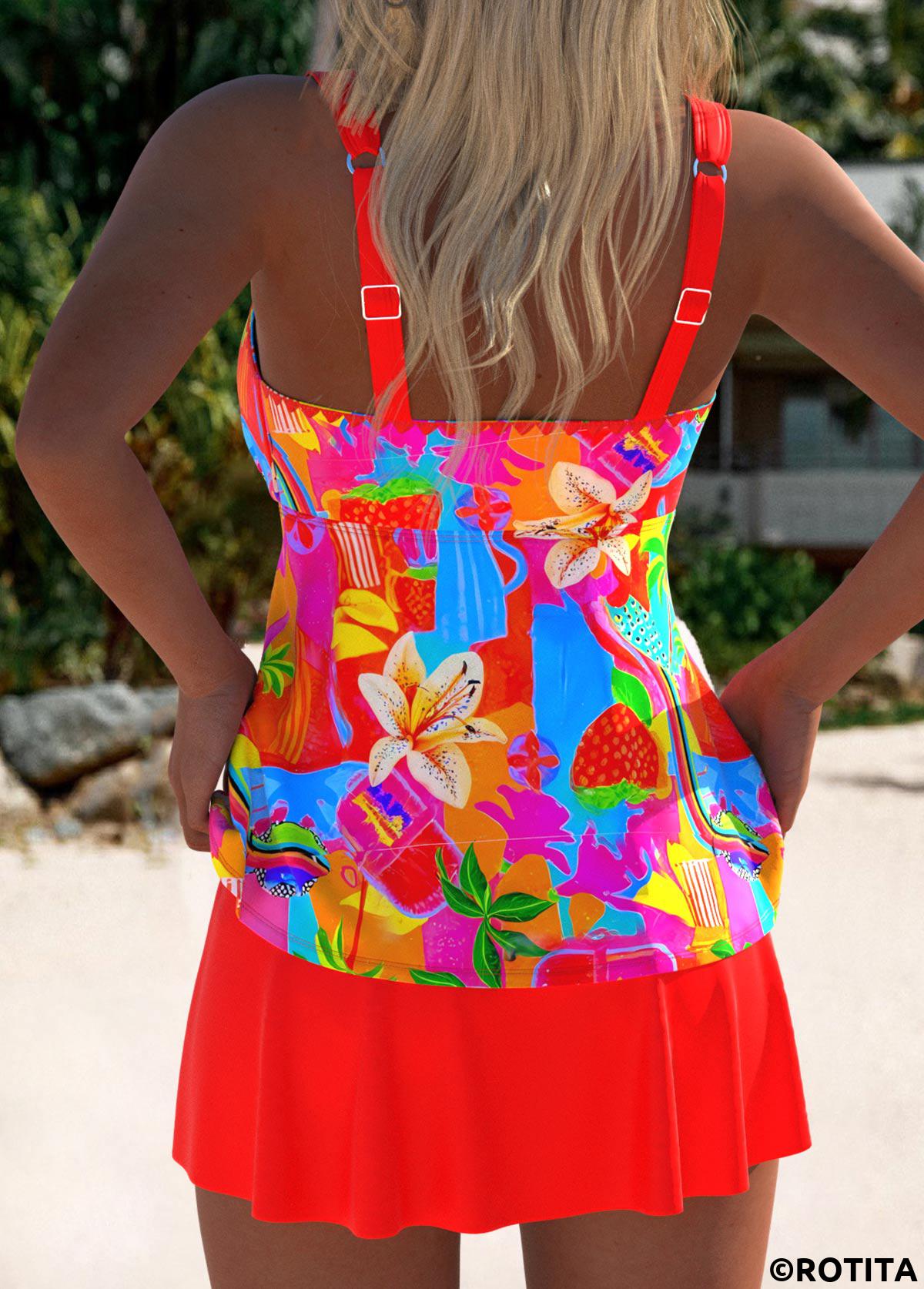 Coral swimwear,Geometric swimwear,ROTITA Coral Geometric Print Mid Waisted Tankini Set
