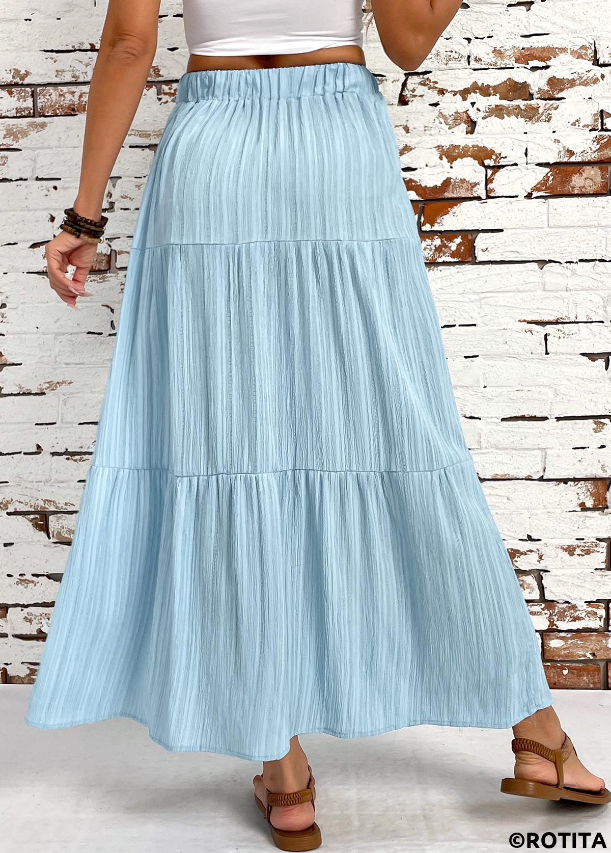 Light Blue bottoms,Plain Color bottoms,Light Blue Elastic Waist A Line Skirt