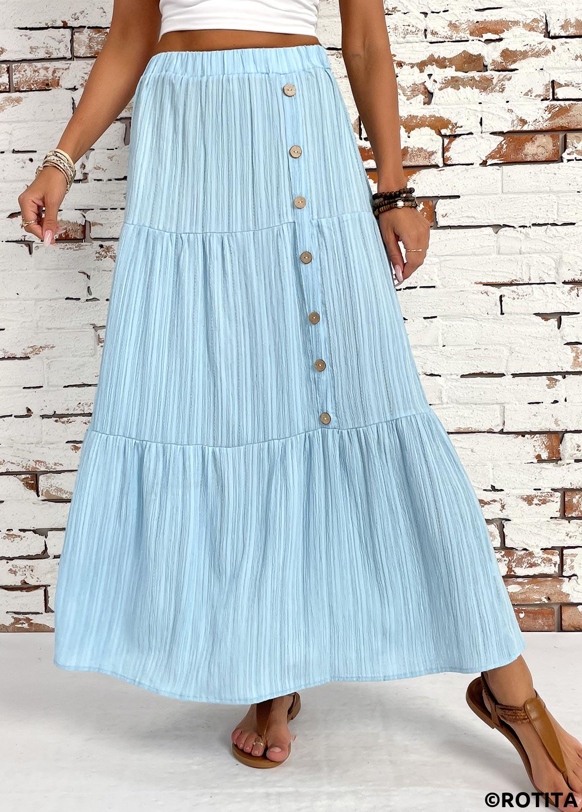 Light Blue bottoms,Plain Color bottoms,Light Blue Elastic Waist A Line Skirt