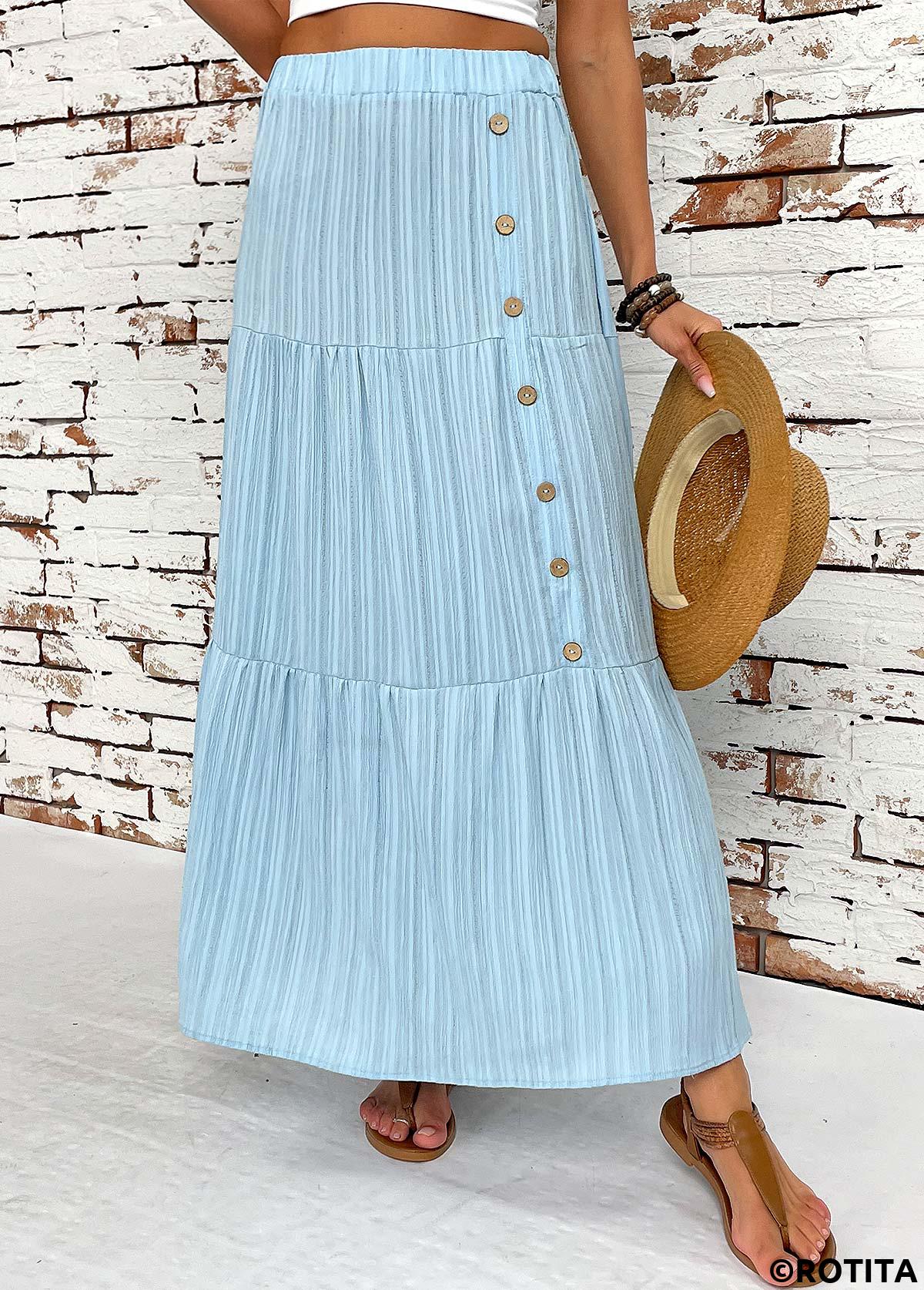 Light Blue bottoms,Plain Color bottoms,Light Blue Elastic Waist A Line Skirt