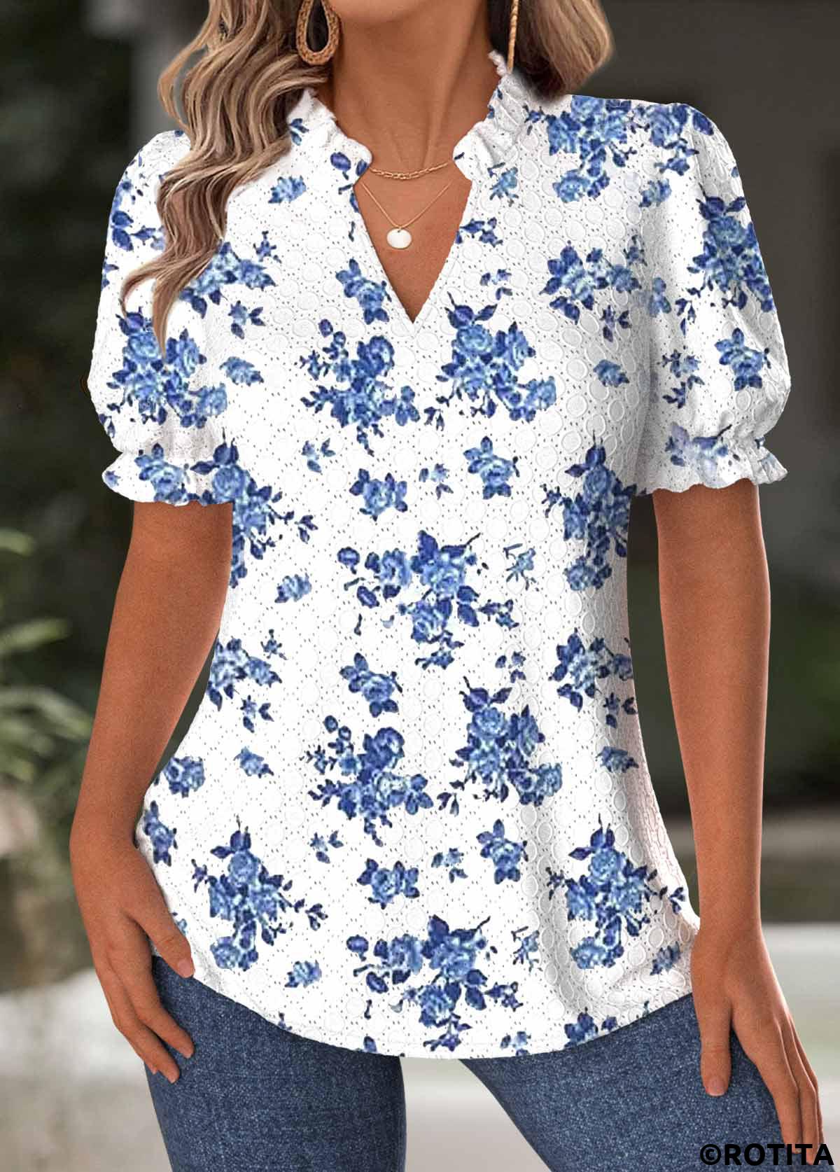 White tops,Floral tops,Plants tops,ROTITA Floral Print White Split Neck Short Sleeve Blouse