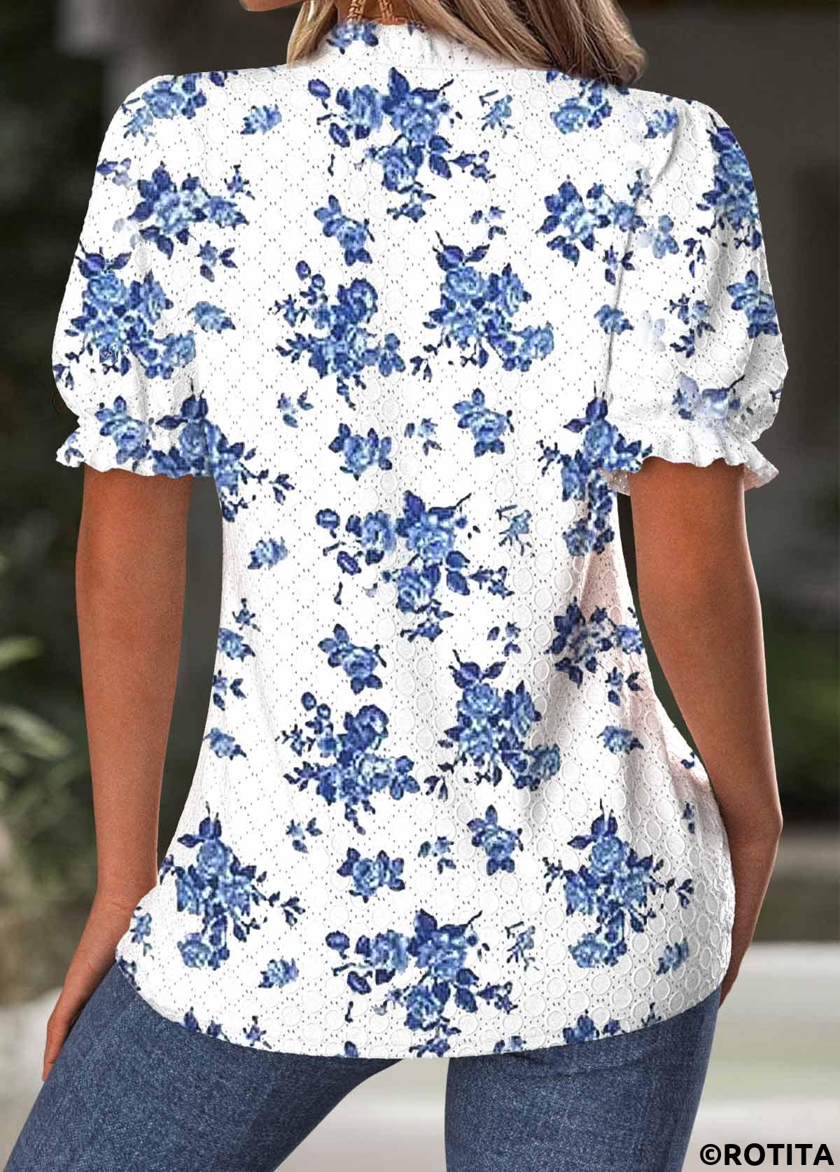 White tops,Floral tops,Plants tops,ROTITA Floral Print White Split Neck Short Sleeve Blouse