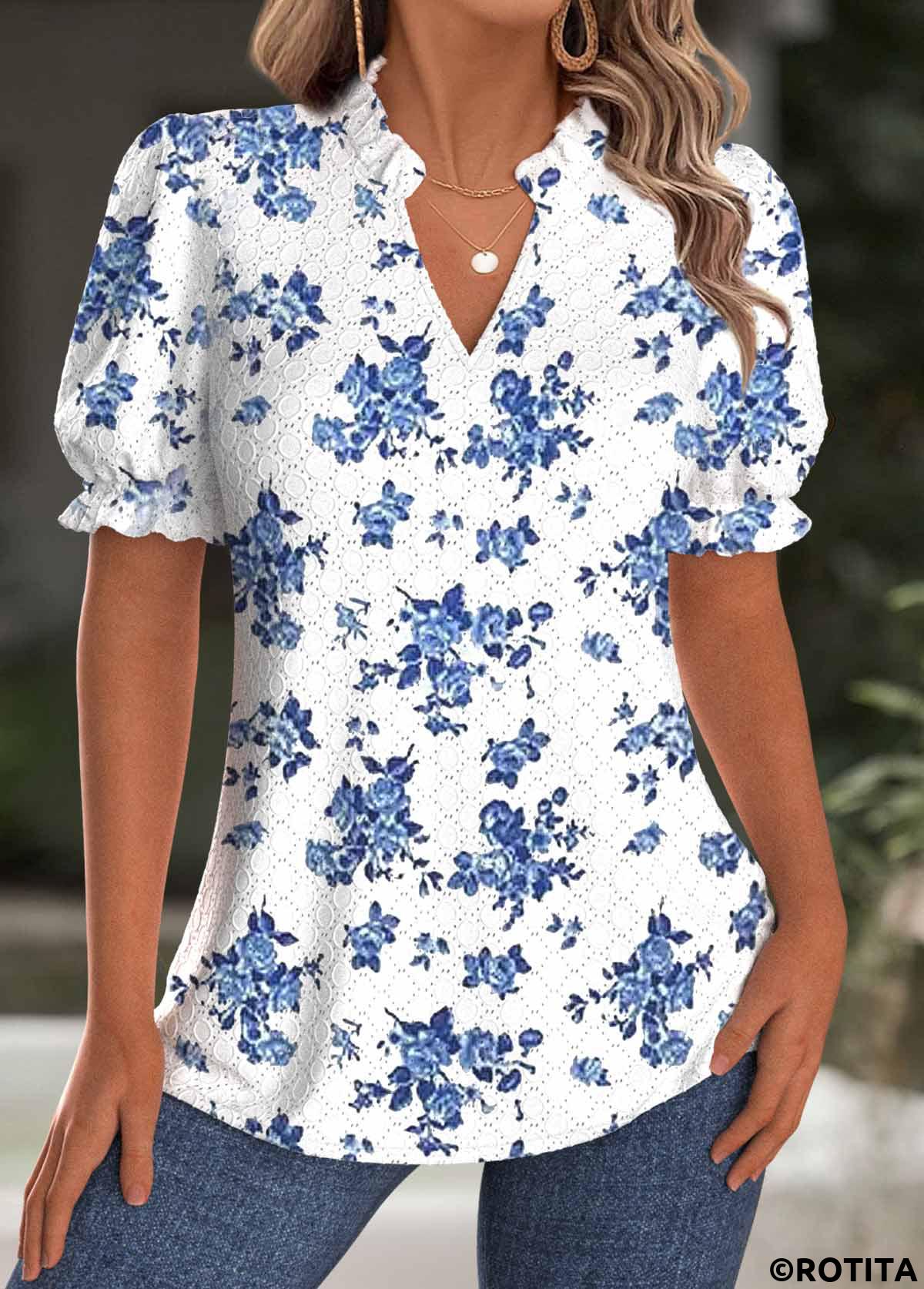 White tops,Floral tops,Plants tops,ROTITA Floral Print White Split Neck Short Sleeve Blouse