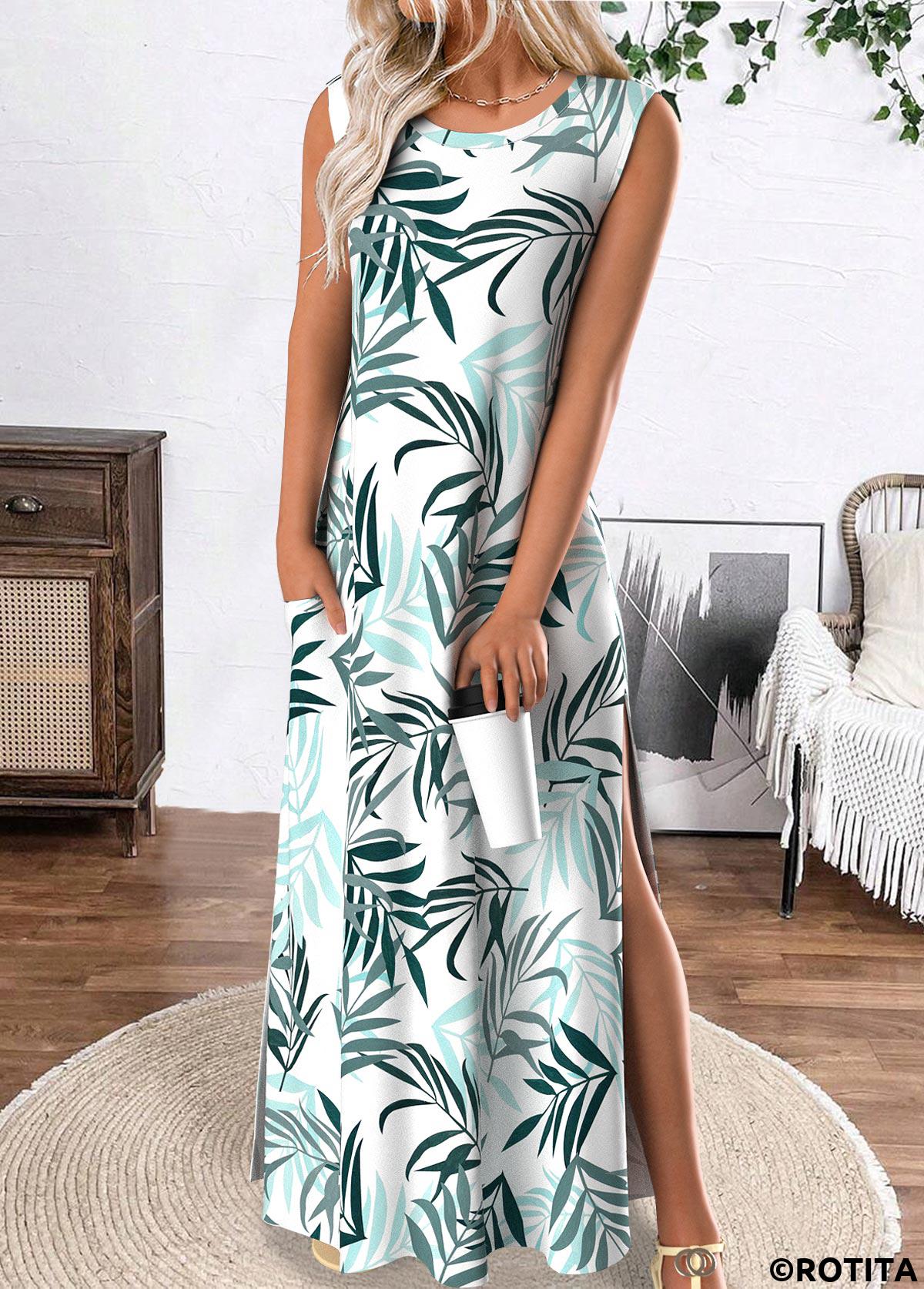 White dresses,Plants dresses,Everyday dresses,Casual dresses,ROTITA Tropical Plants Print White Maxi A Line Dress