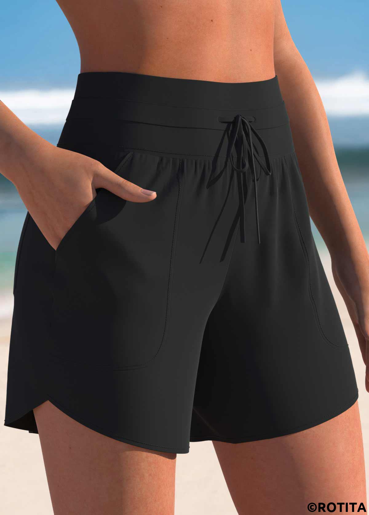 Black swimwear,Plain Color swimwear,ROTITA Black Color Mid Waisted Swim Shorts