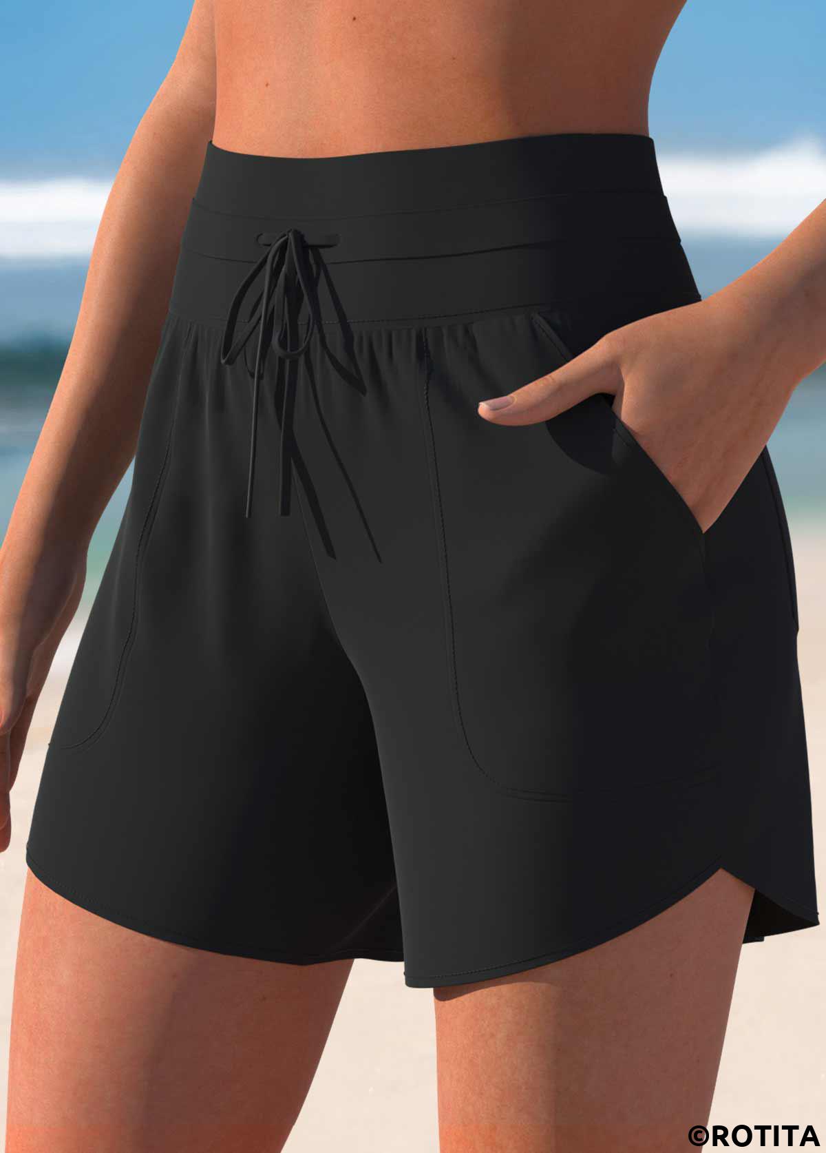 Black swimwear,Plain Color swimwear,ROTITA Black Color Mid Waisted Swim Shorts