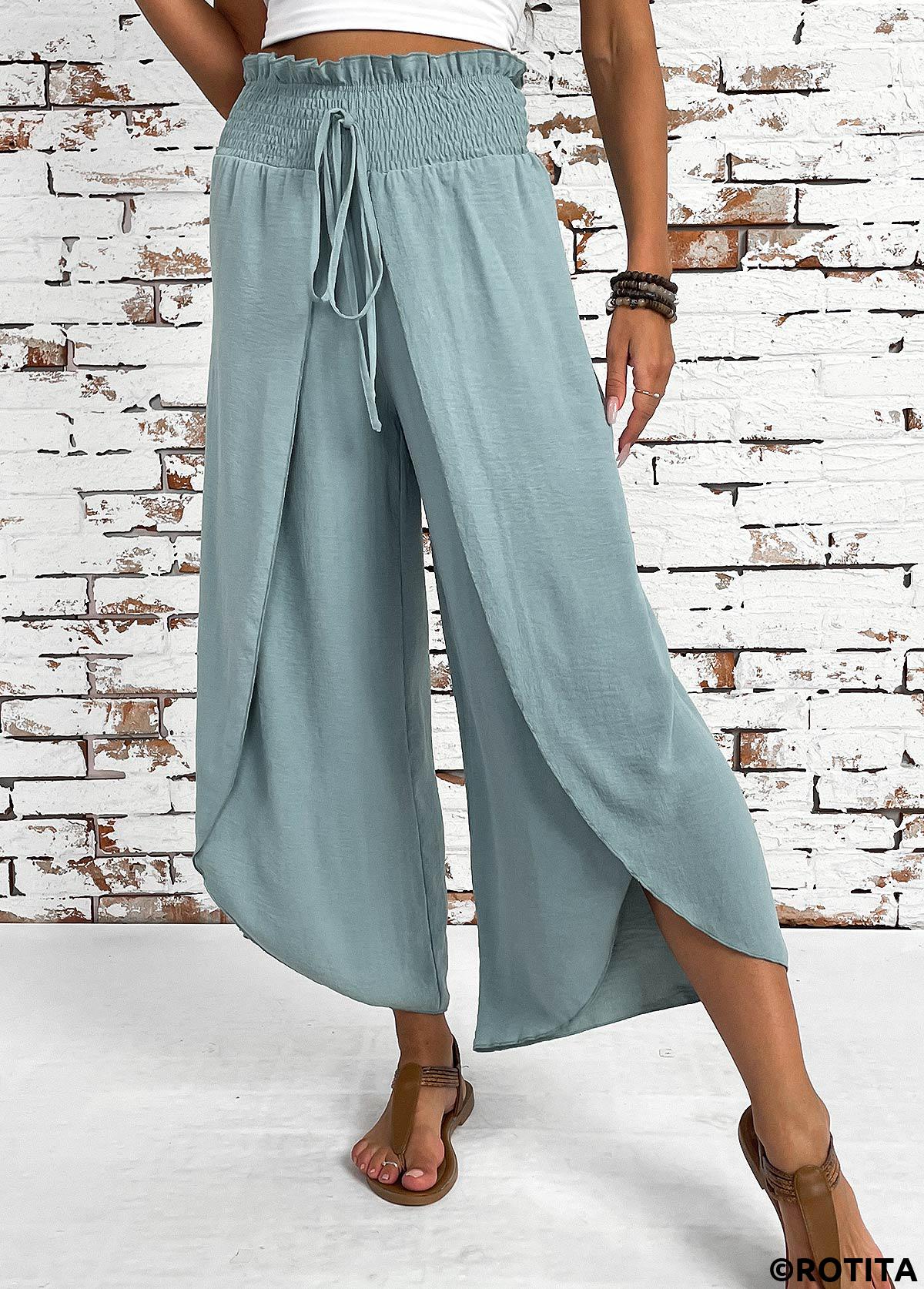 Mint Green bottoms,Plain Color bottoms,Mint Green Wide Leg Elastic Waist High Waisted Pants