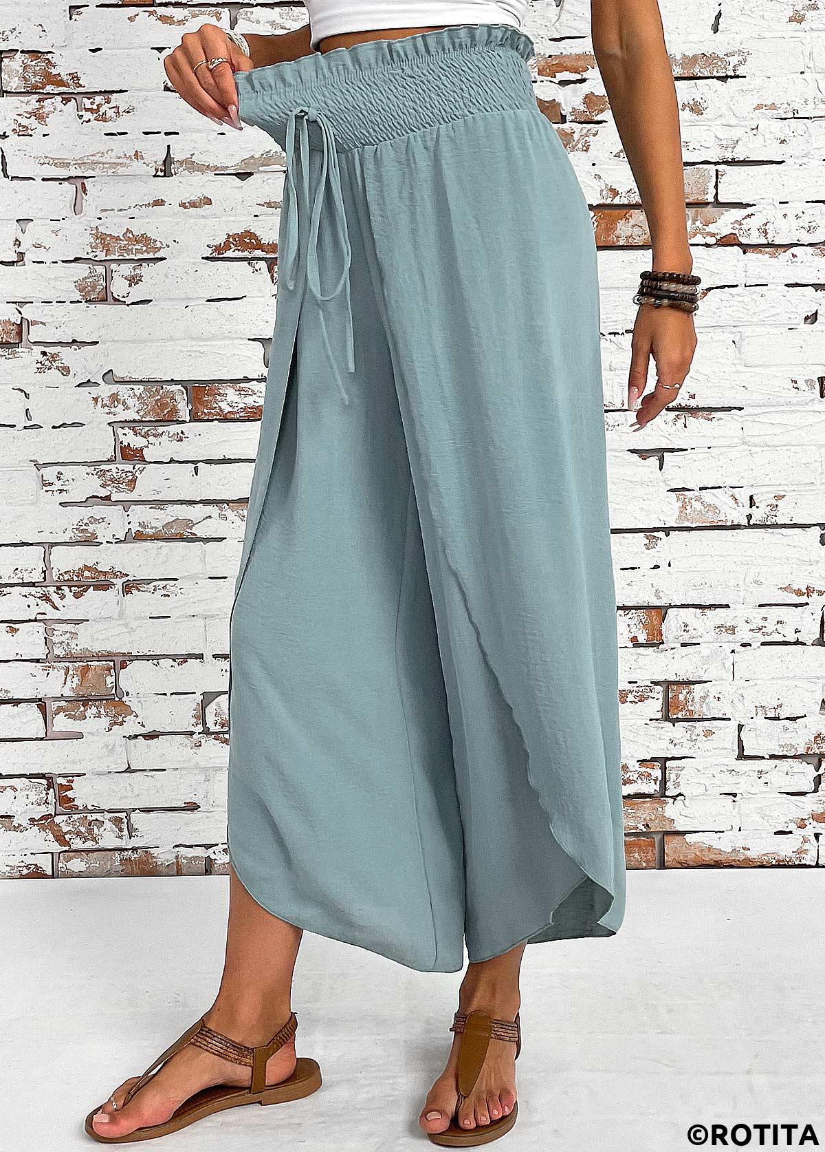 Mint Green bottoms,Plain Color bottoms,Mint Green Wide Leg Elastic Waist High Waisted Pants