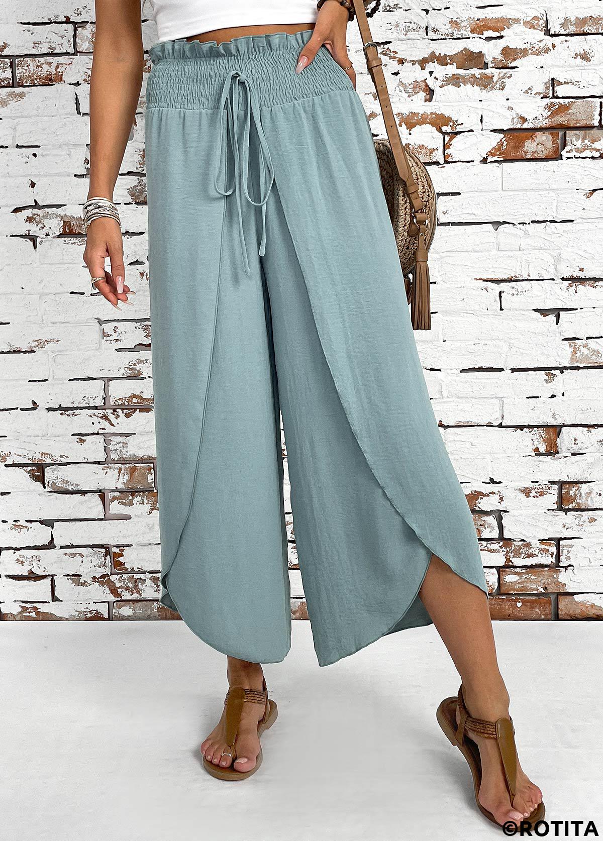 Mint Green bottoms,Plain Color bottoms,Mint Green Wide Leg Elastic Waist High Waisted Pants