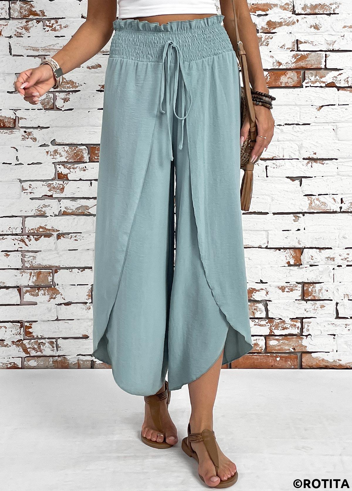 Mint Green bottoms,Plain Color bottoms,Mint Green Wide Leg Elastic Waist High Waisted Pants