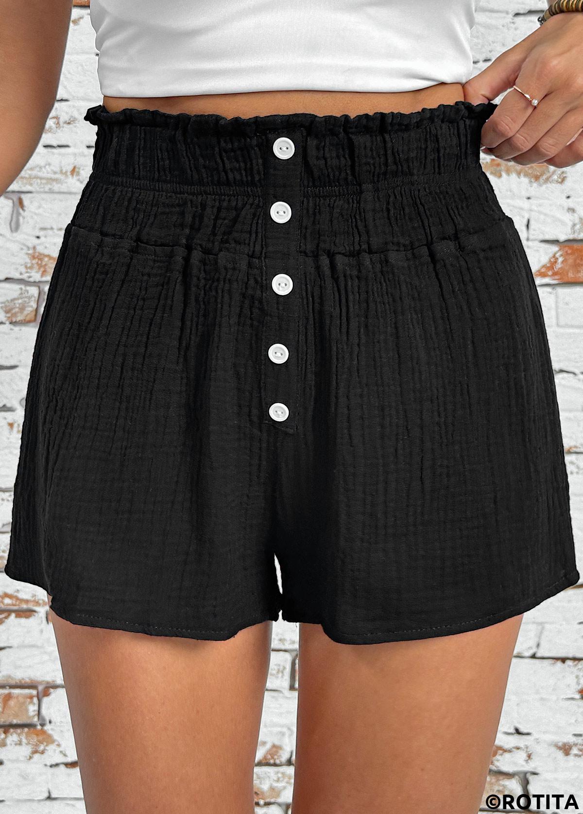 Black bottoms,Plain Color bottoms,Black Wide Leg Elastic Waist High Waisted Shorts