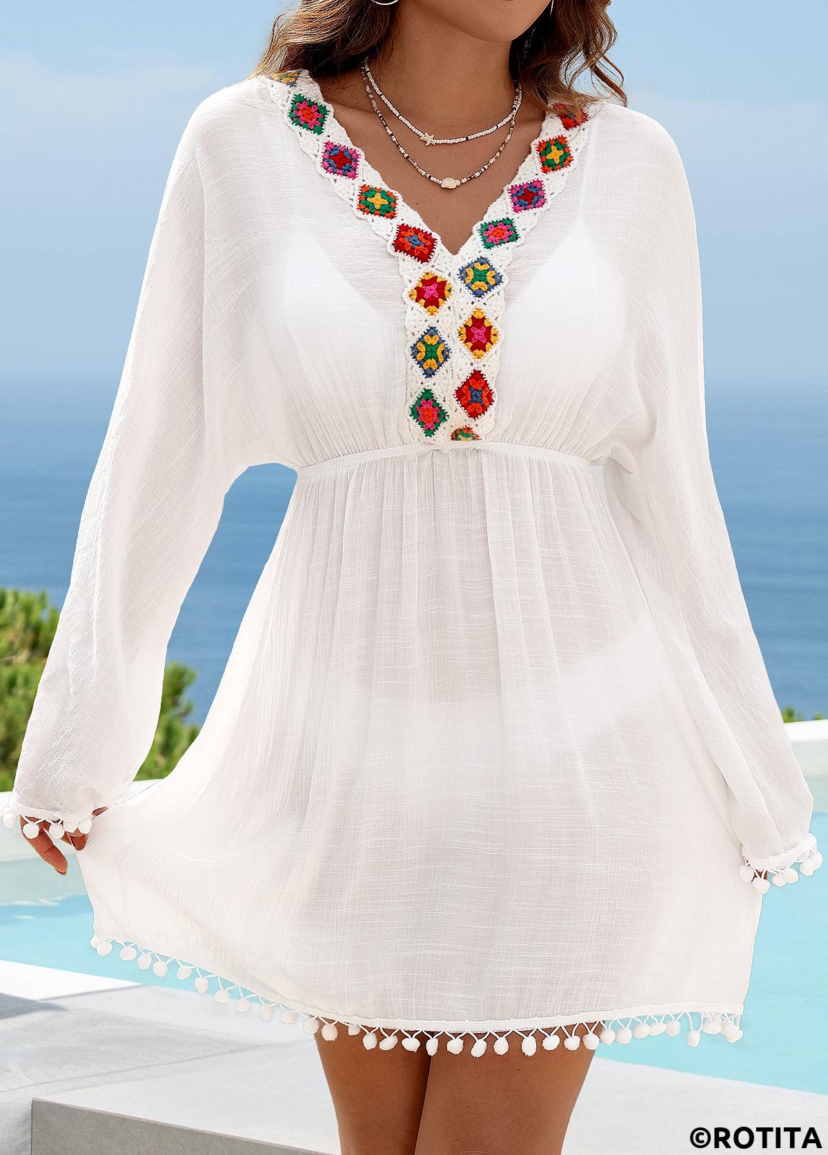 White swimwear,Plain Color swimwear,White Patchwork V Neck Cover Up