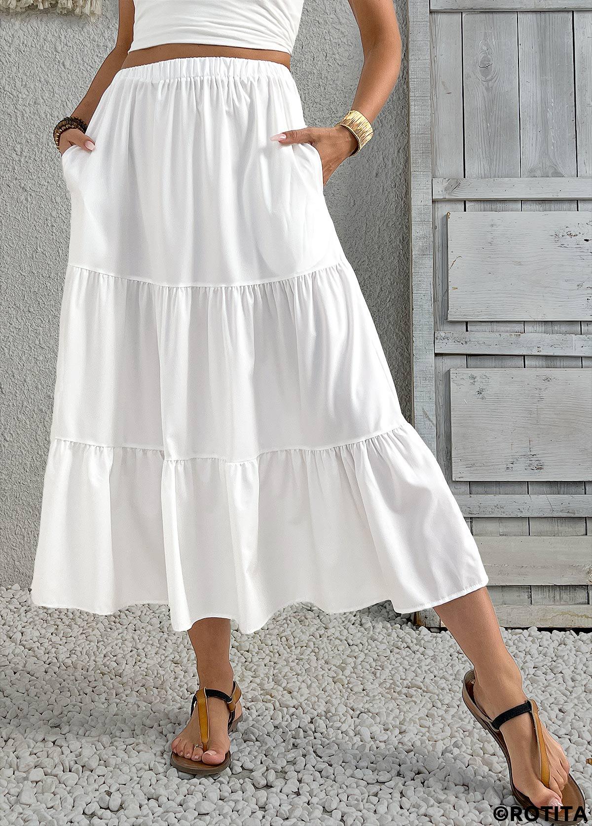 White bottoms,Plain Color bottoms,White Elastic Waist A Line Skirt