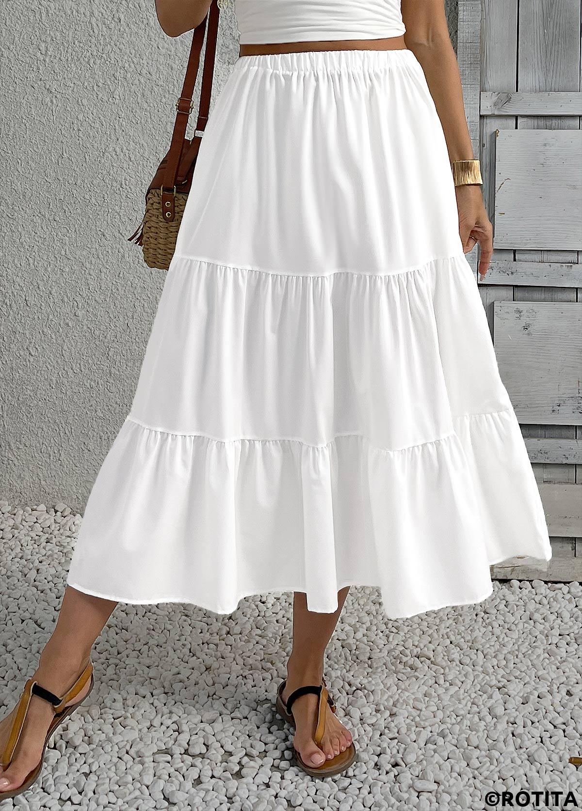 White bottoms,Plain Color bottoms,White Elastic Waist A Line Skirt