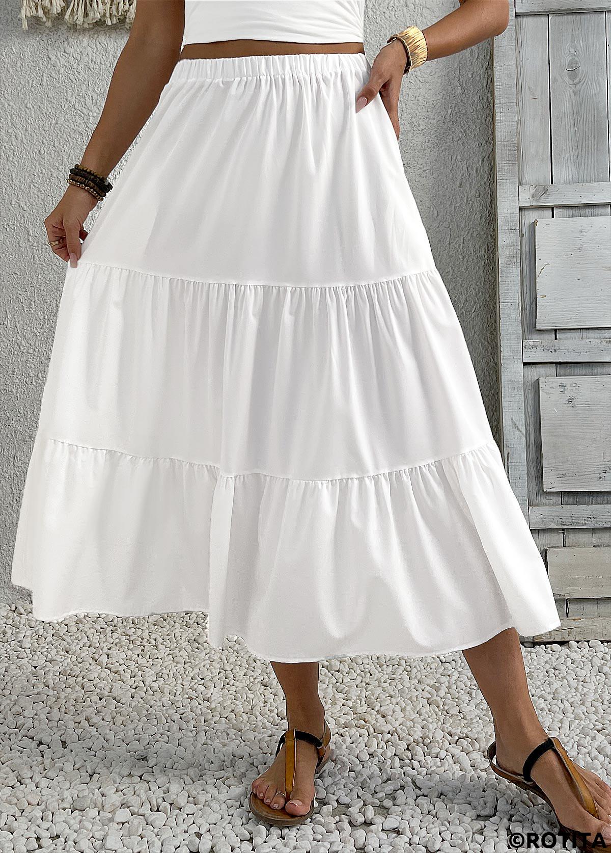 White bottoms,Plain Color bottoms,White Elastic Waist A Line Skirt