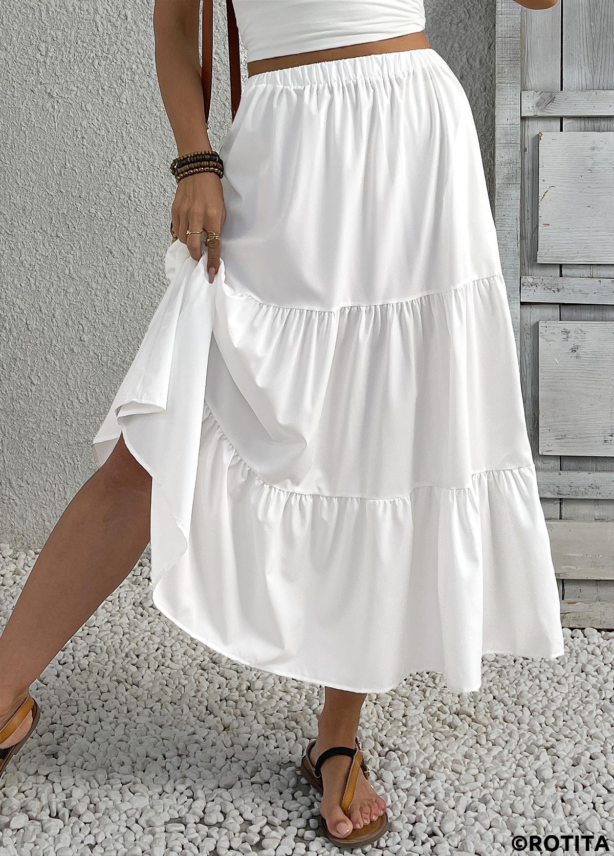 White bottoms,Plain Color bottoms,White Elastic Waist A Line Skirt