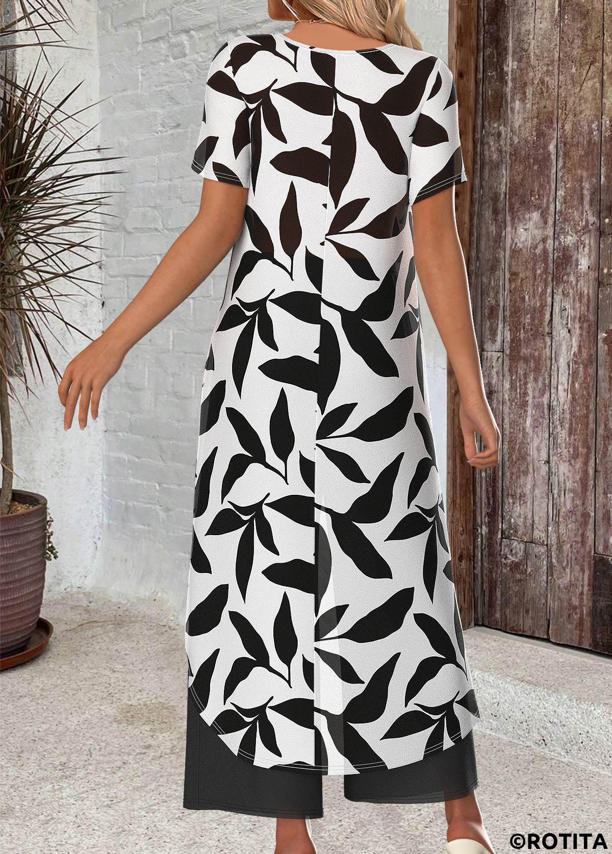 White jumpsuits&rompers,Plants jumpsuits&rompers,ROTITA Leaf Print White Ankle Length Straight Leg Top