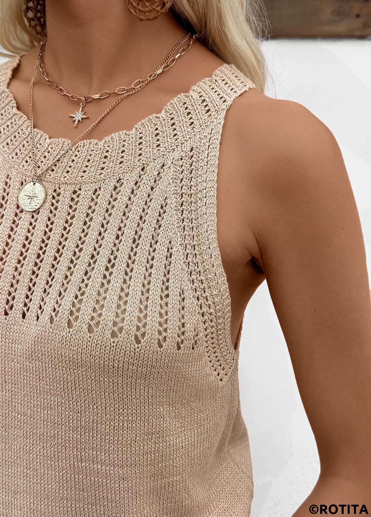 Light Camel tops,Plain Color tops,Light Camel Round Neck Sleeveless Tank Top