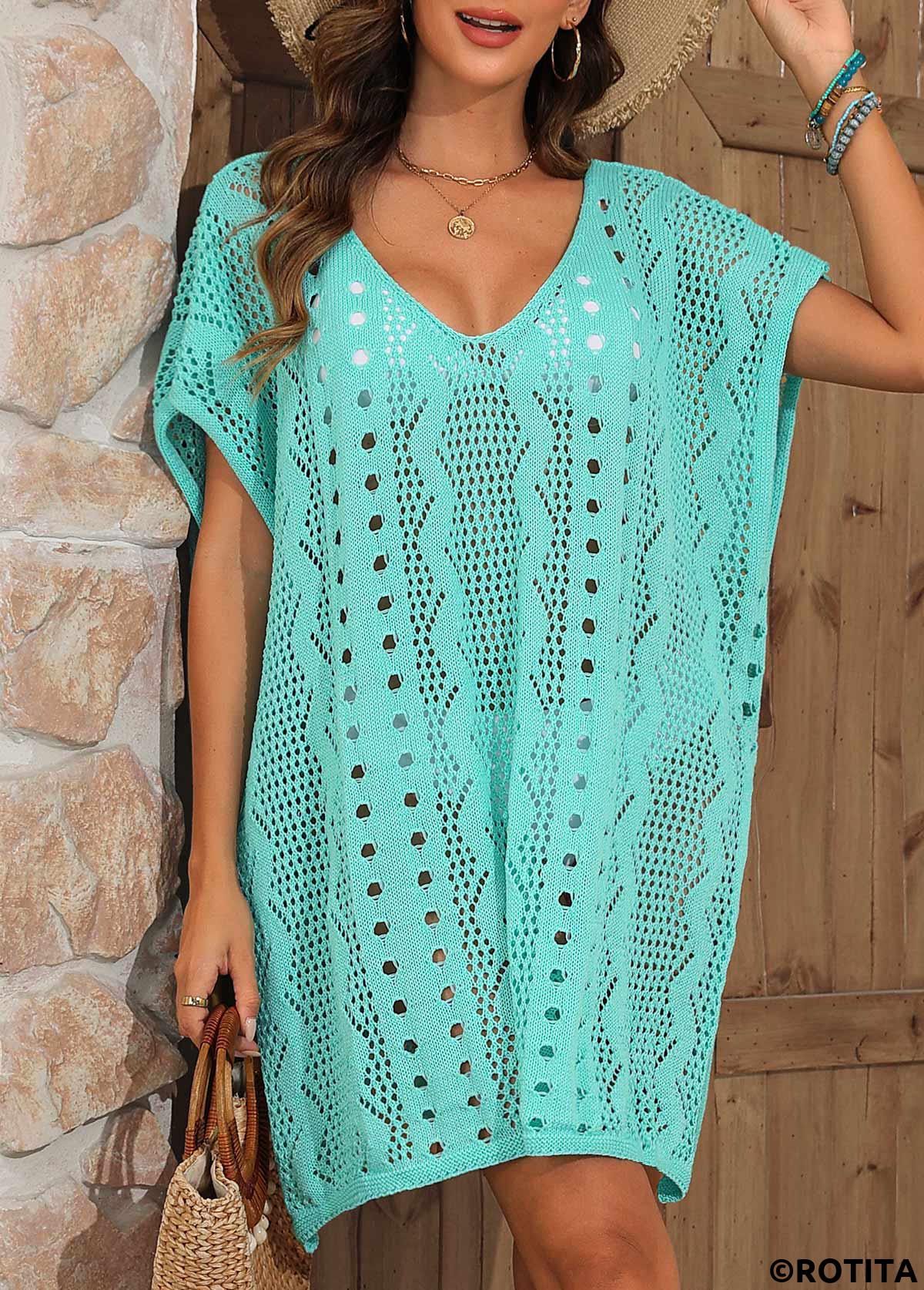 Cyan swimwear,Plain Color swimwear,Cyan Split V Neck Cover Up