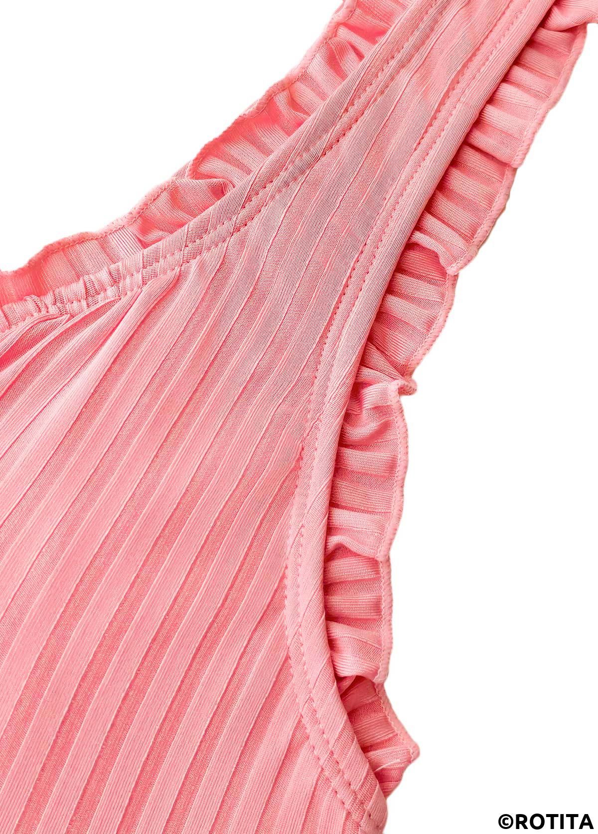 Peach Red swimwear,Plants swimwear,ROTITA Dusty Pink Tropical Plants Print Mid Waisted Tankini Set
