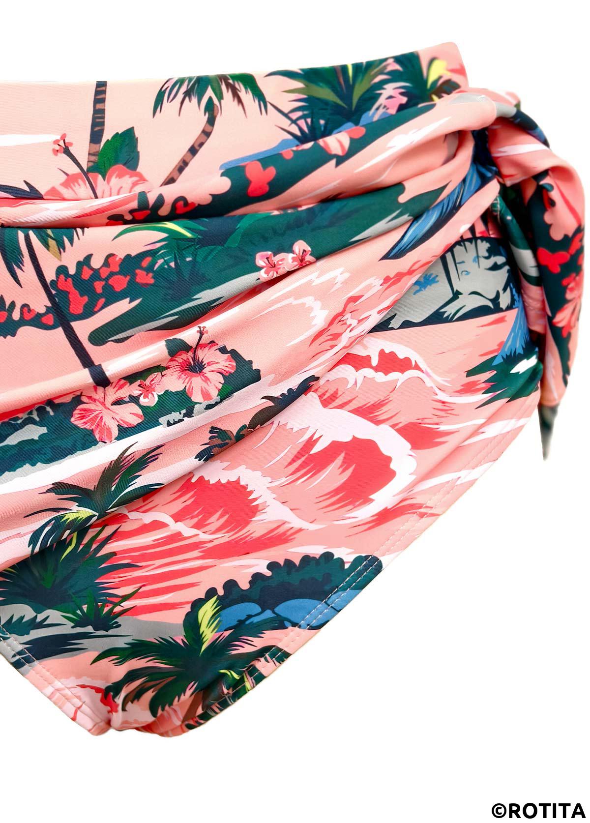 Peach Red swimwear,Plants swimwear,ROTITA Dusty Pink Tropical Plants Print Mid Waisted Tankini Set