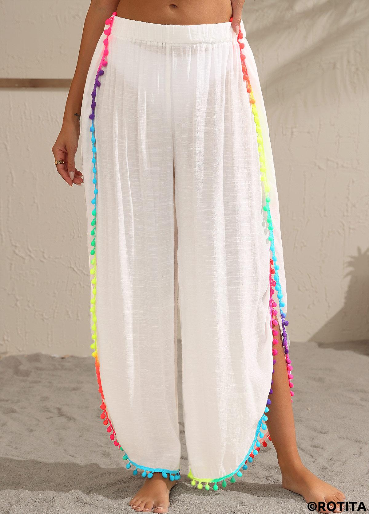 White swimwear,Plain Color swimwear,White Patchwork Split Tassel Beach Pants