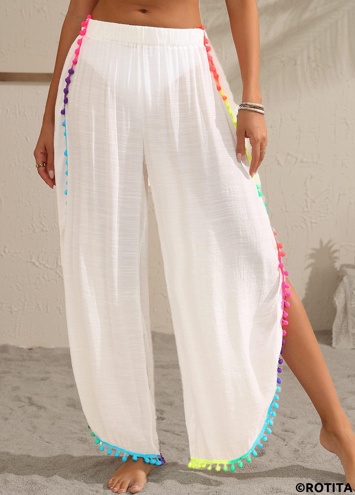 White swimwear,Plain Color swimwear,White Patchwork Split Tassel Beach Pants
