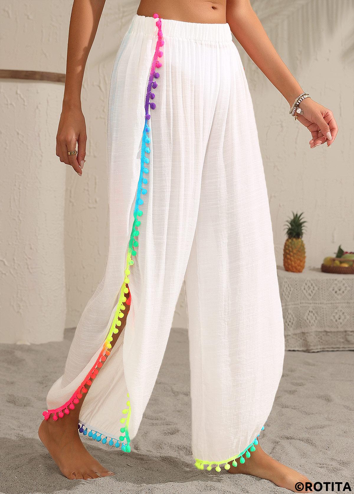 White swimwear,Plain Color swimwear,White Patchwork Split Tassel Beach Pants