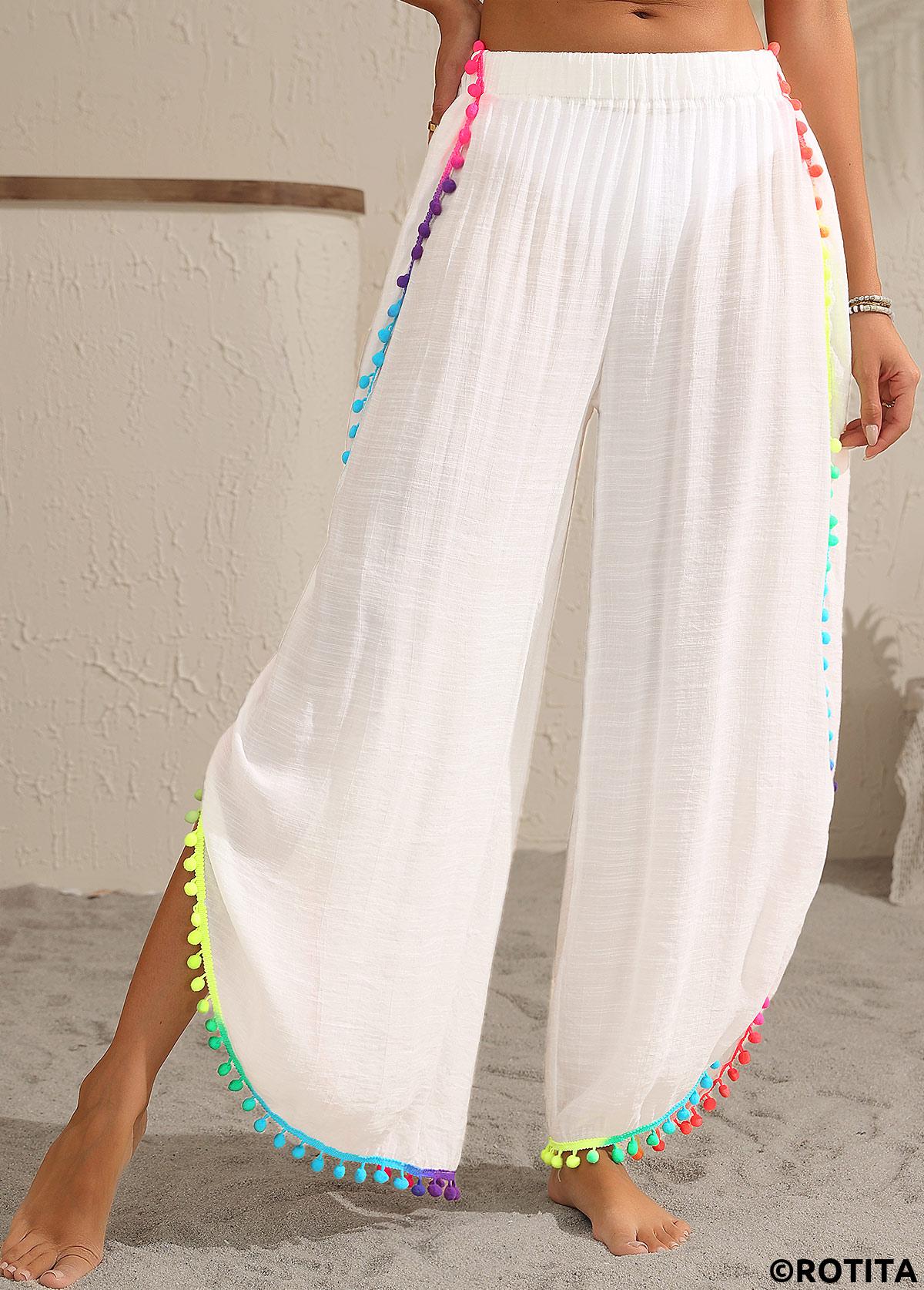 White swimwear,Plain Color swimwear,White Patchwork Split Tassel Beach Pants