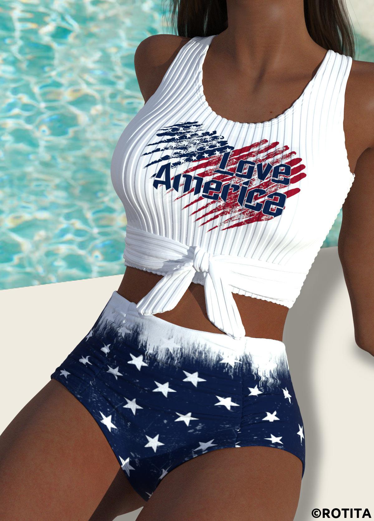 Blue swimwear,Flag swimwear,ROTITA Blue American Flag Print High Waisted Bikini Set