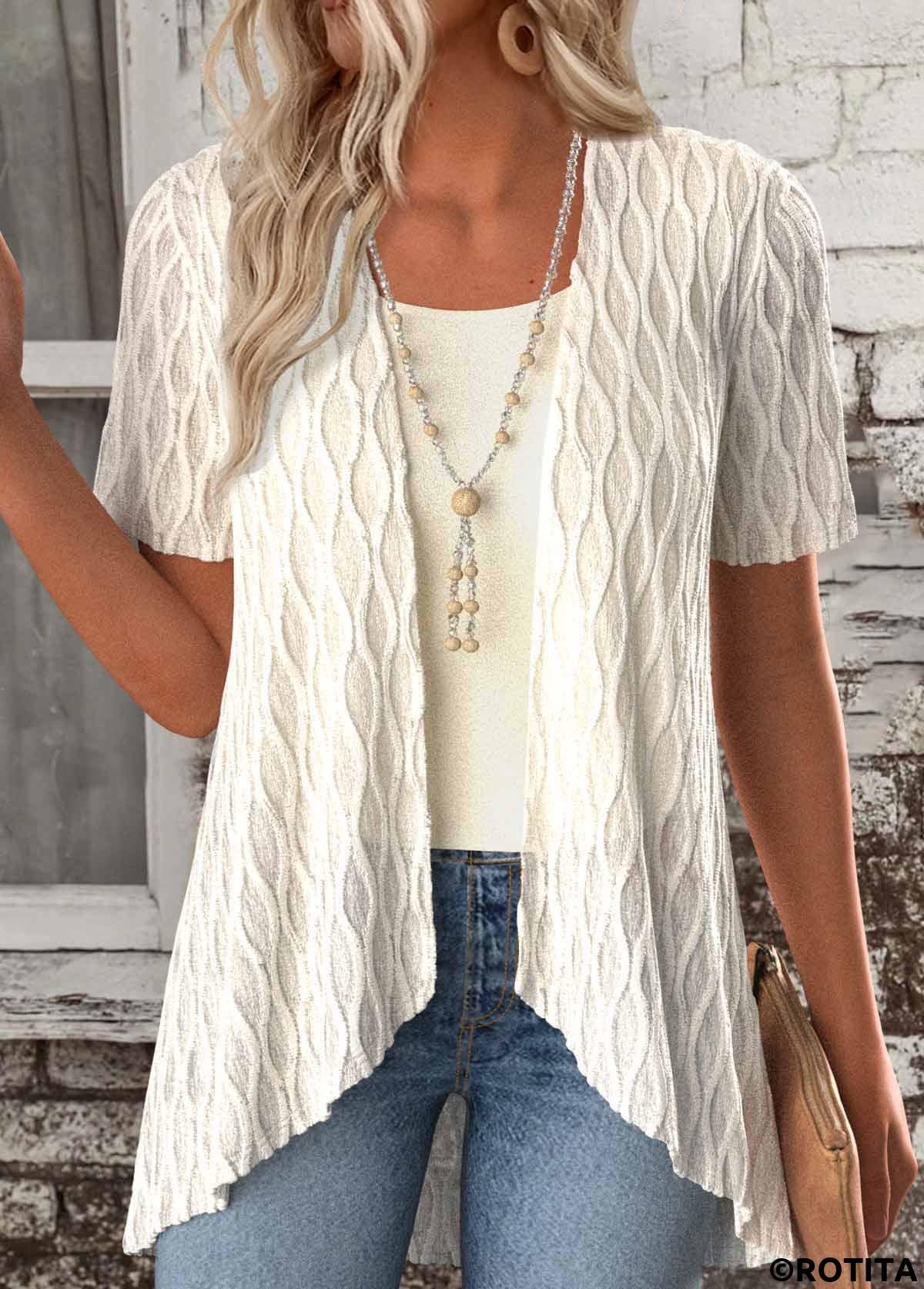 Beige tops,Plain Color tops,ROTITA Beige Short Sleeve Fake Two Piece Twinset