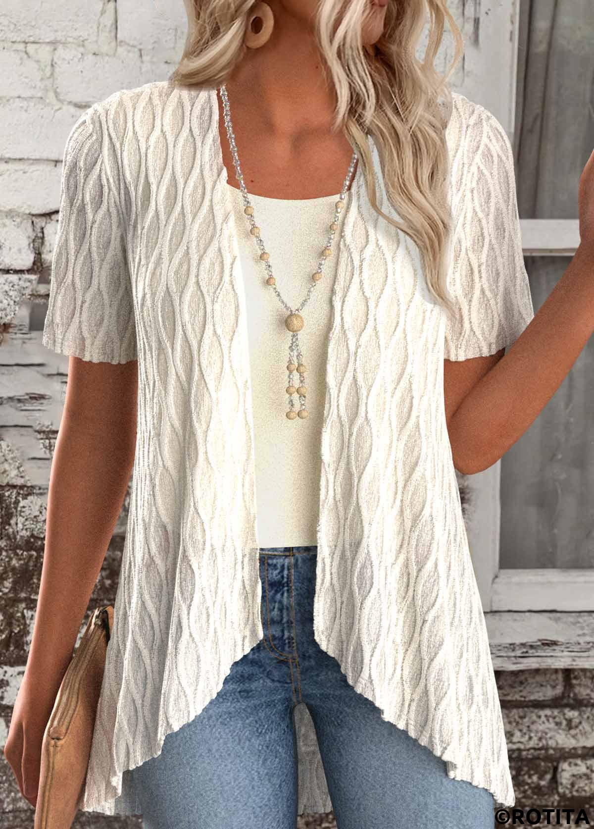 Beige tops,Plain Color tops,ROTITA Beige Short Sleeve Fake Two Piece Twinset