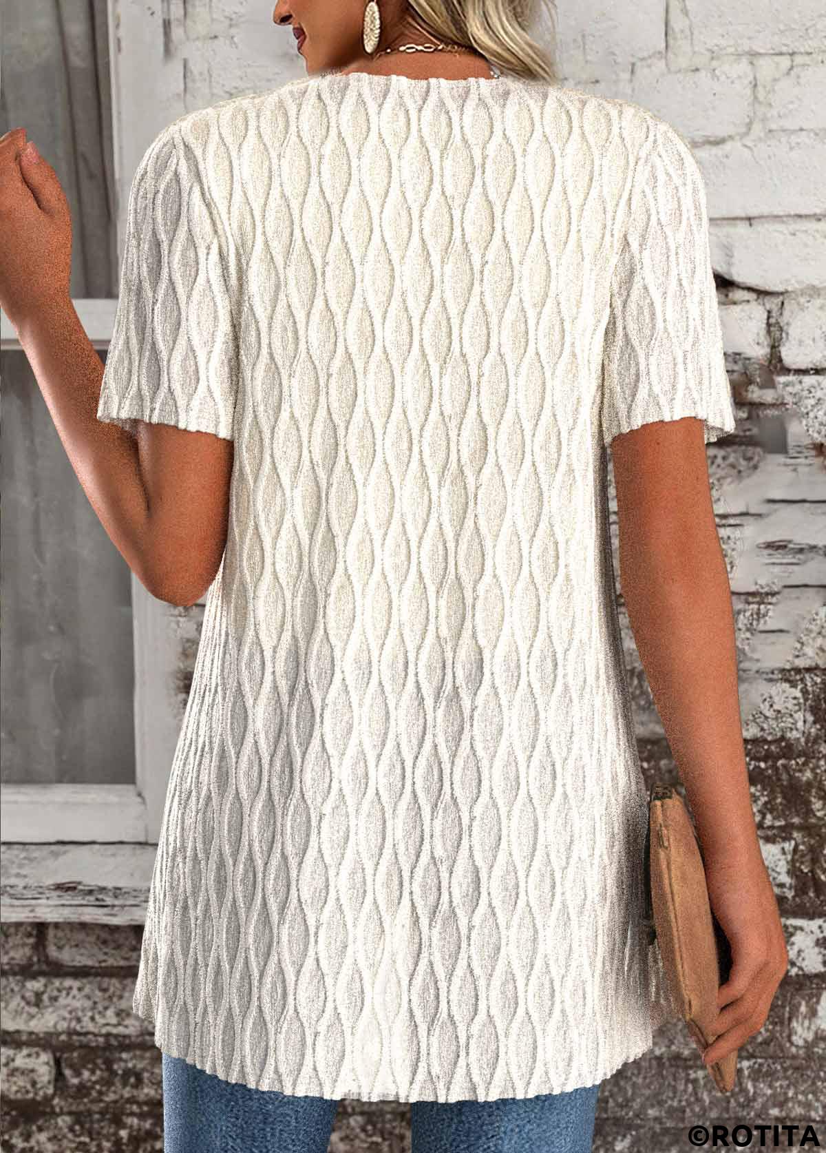 Beige tops,Plain Color tops,ROTITA Beige Short Sleeve Fake Two Piece Twinset
