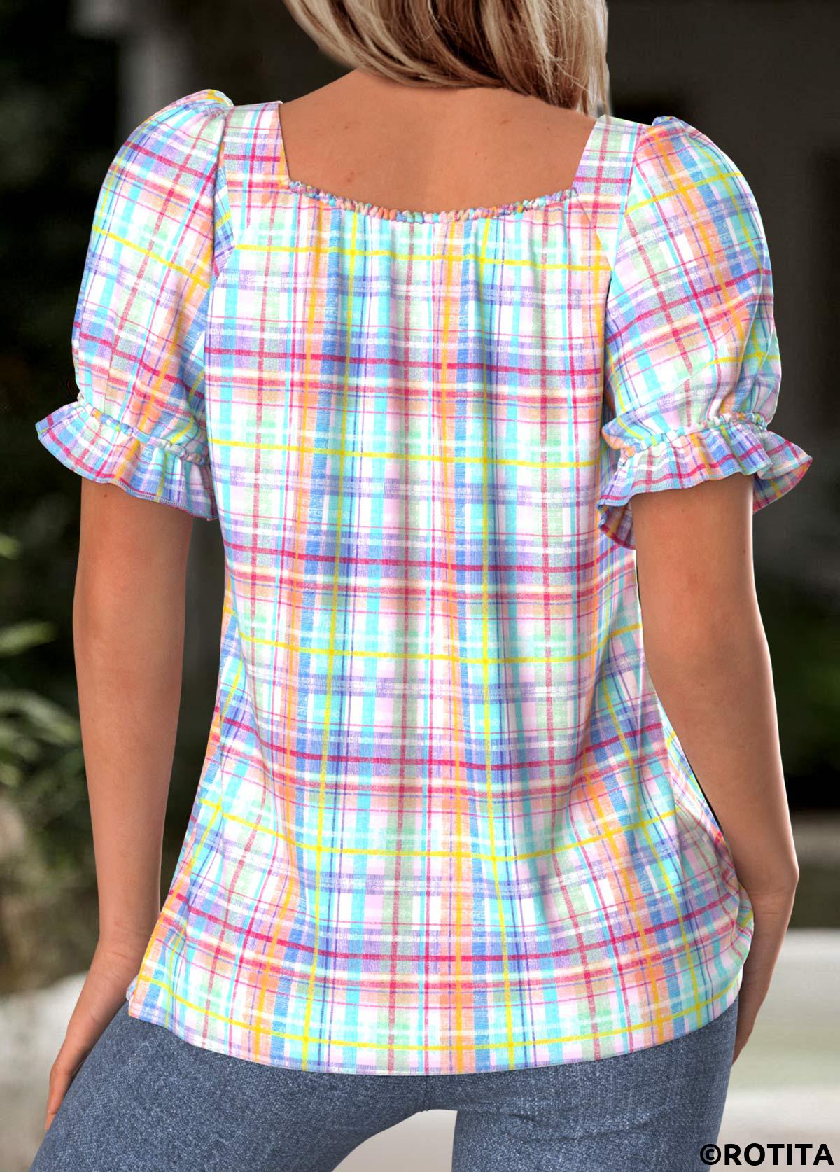 Multi Color tops,Plaid tops,Geometric tops,ROTITA Plaid Multi Color Square Neck Short Sleeve Blouse