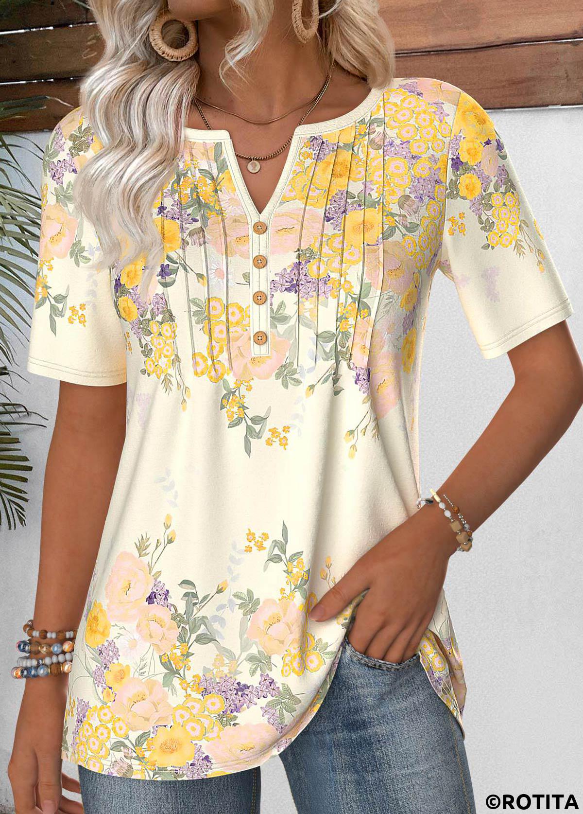 Light Yellow tops,Plain Color tops,ROTITA Light Yellow Split Neck Short Sleeve T Shirt