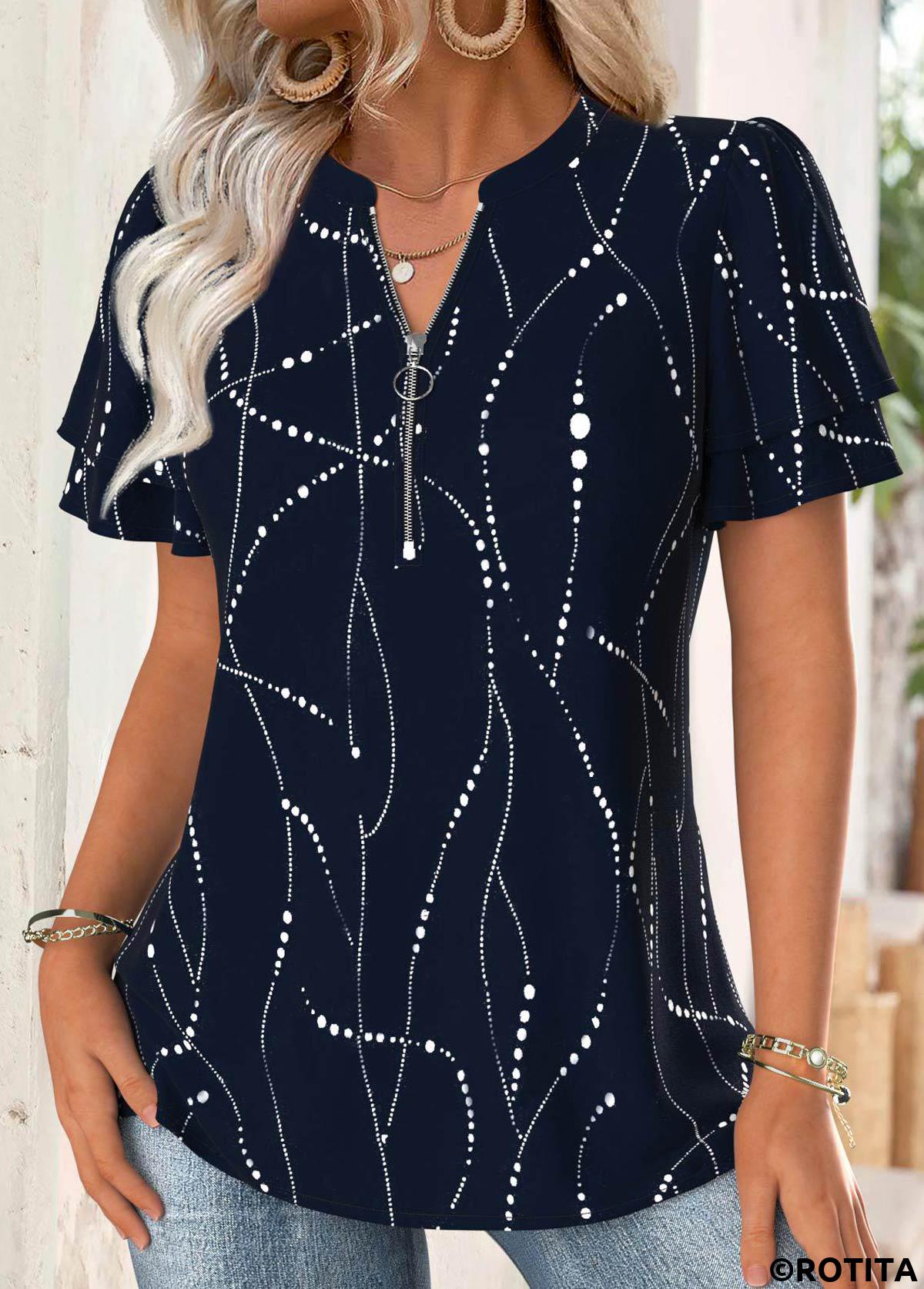 Navy tops,Geometric tops,ROTITA Geometric Print Navy Split Neck Short Sleeve Blouse