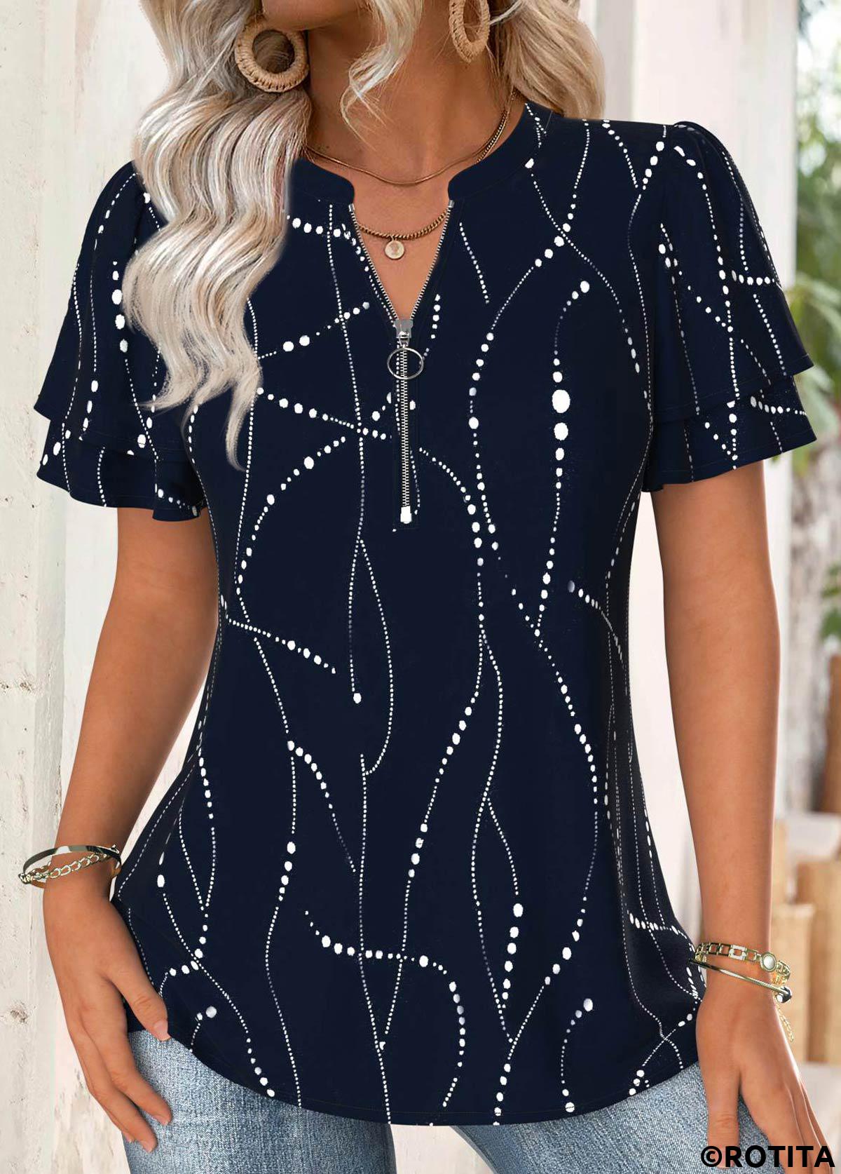 Navy tops,Geometric tops,ROTITA Geometric Print Navy Split Neck Short Sleeve Blouse