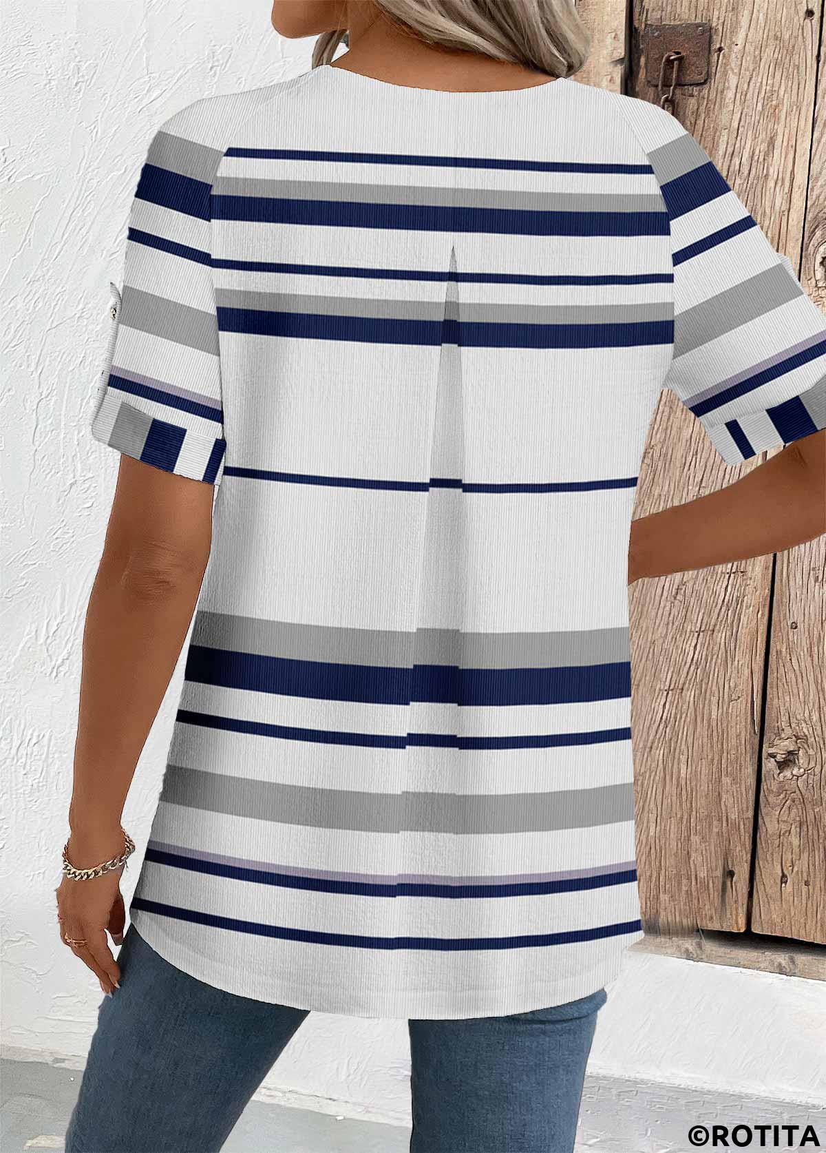 White tops,Striped tops,Geometric tops,ROTITA Striped White Round Neck Short Sleeve Blouse