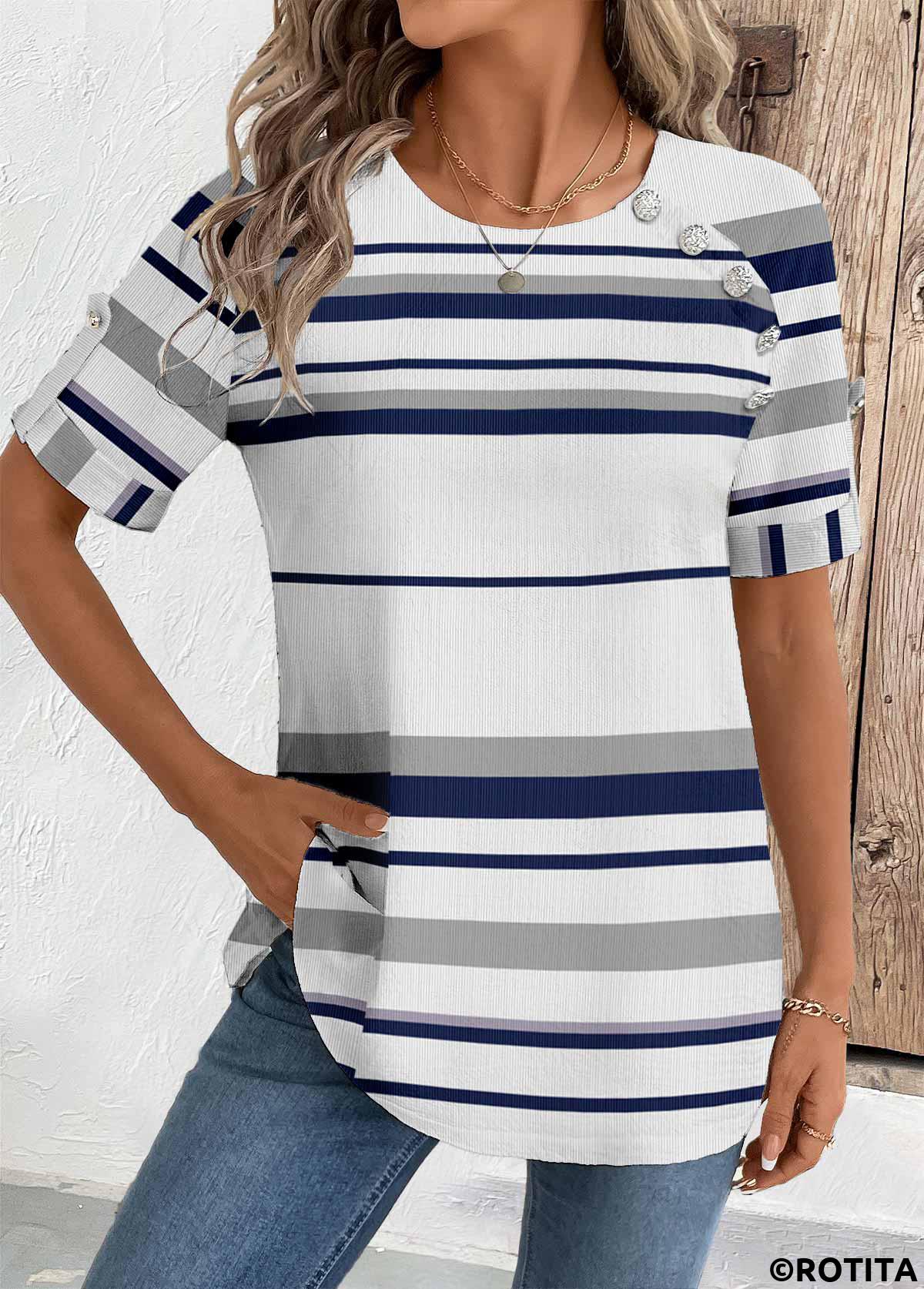 White tops,Striped tops,Geometric tops,ROTITA Striped White Round Neck Short Sleeve Blouse
