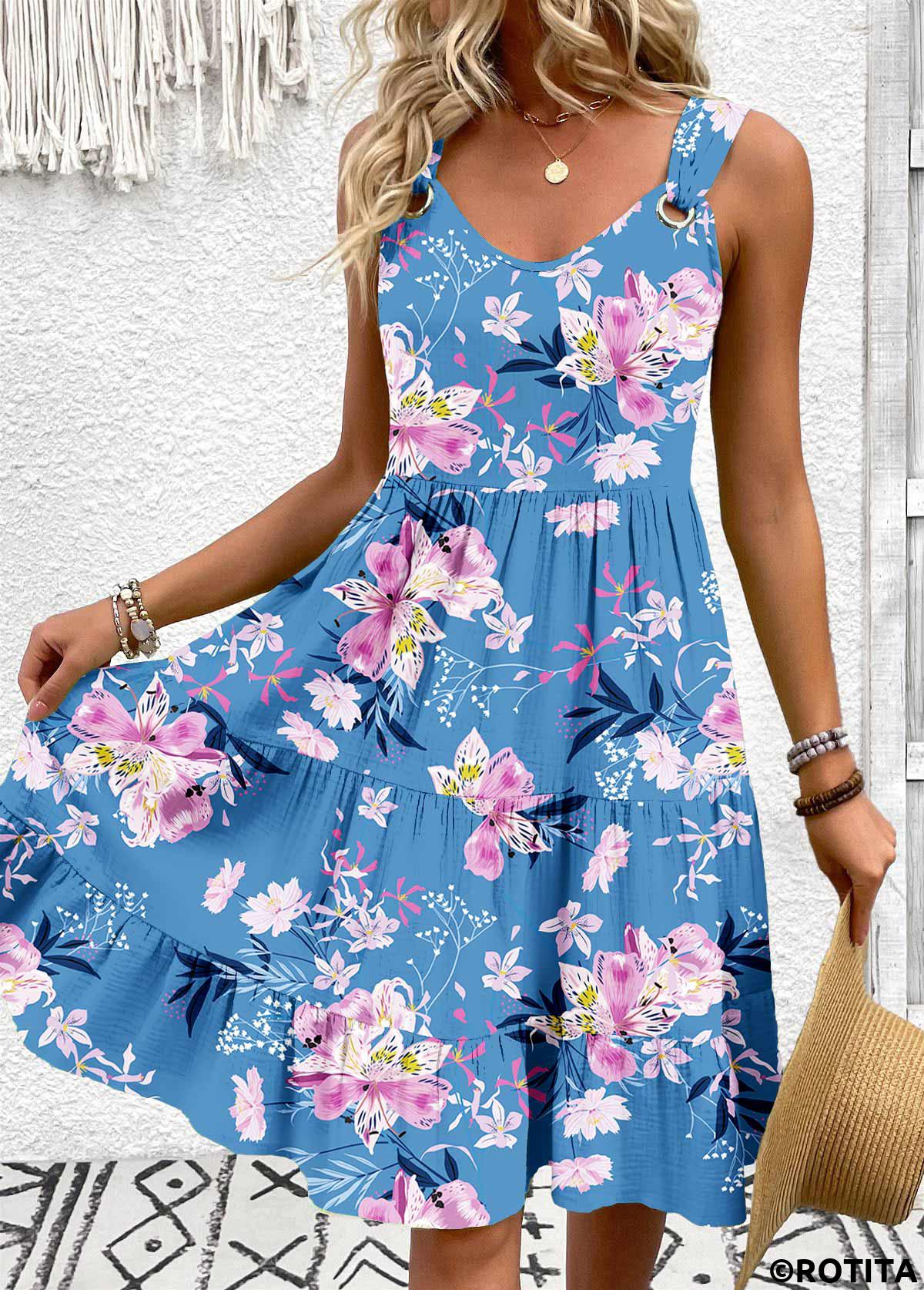 Blue dresses,Floral dresses,Plants dresses,Vacation dresses,Vacation dresses,ROTITA Floral Print Blue A Line V Neck Sleeveless Dress
