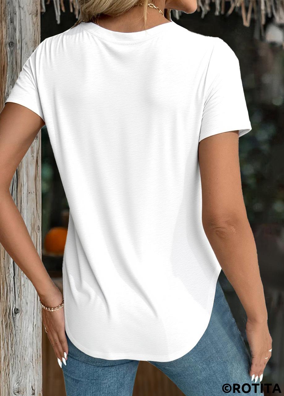 White tops,Plain Color tops,ROTITA White Round Neck Short Sleeve T Shirt