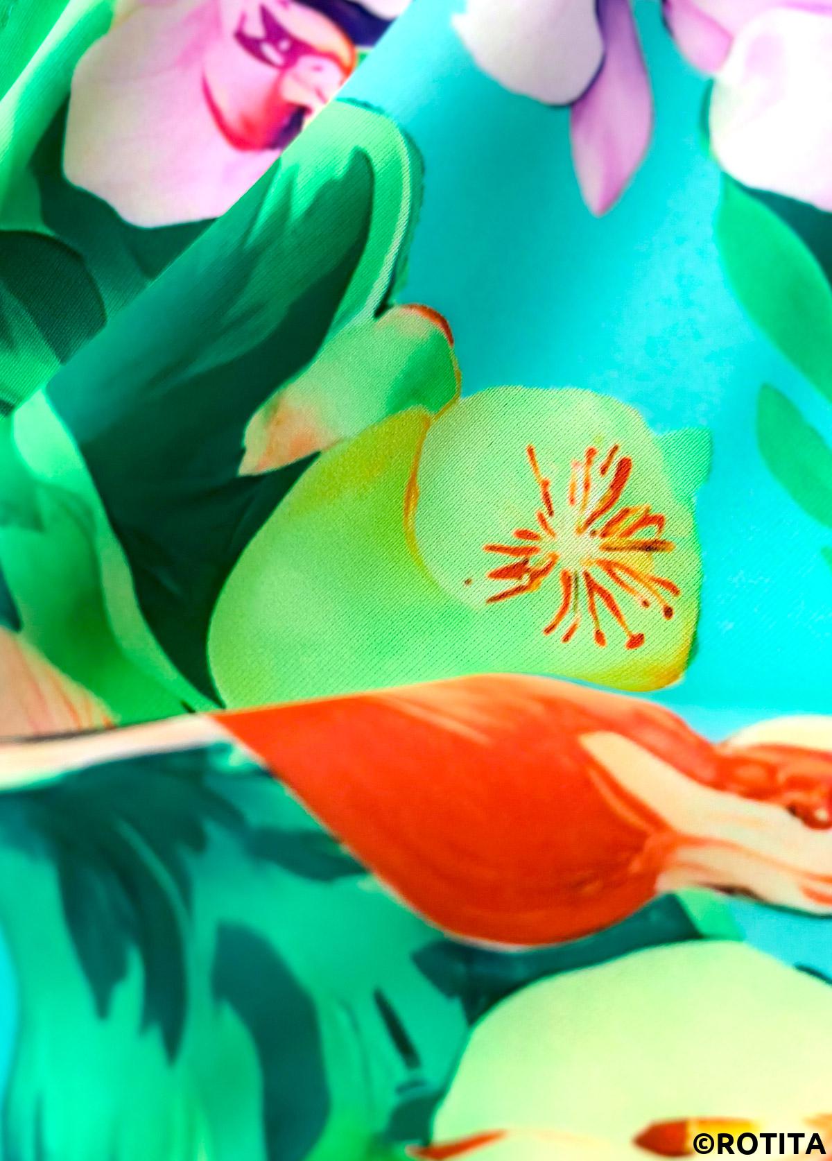 Mint Green swimwear,Plants swimwear,ROTITA Mint Green Tropical Plants Print Mid Waisted Bikini Set